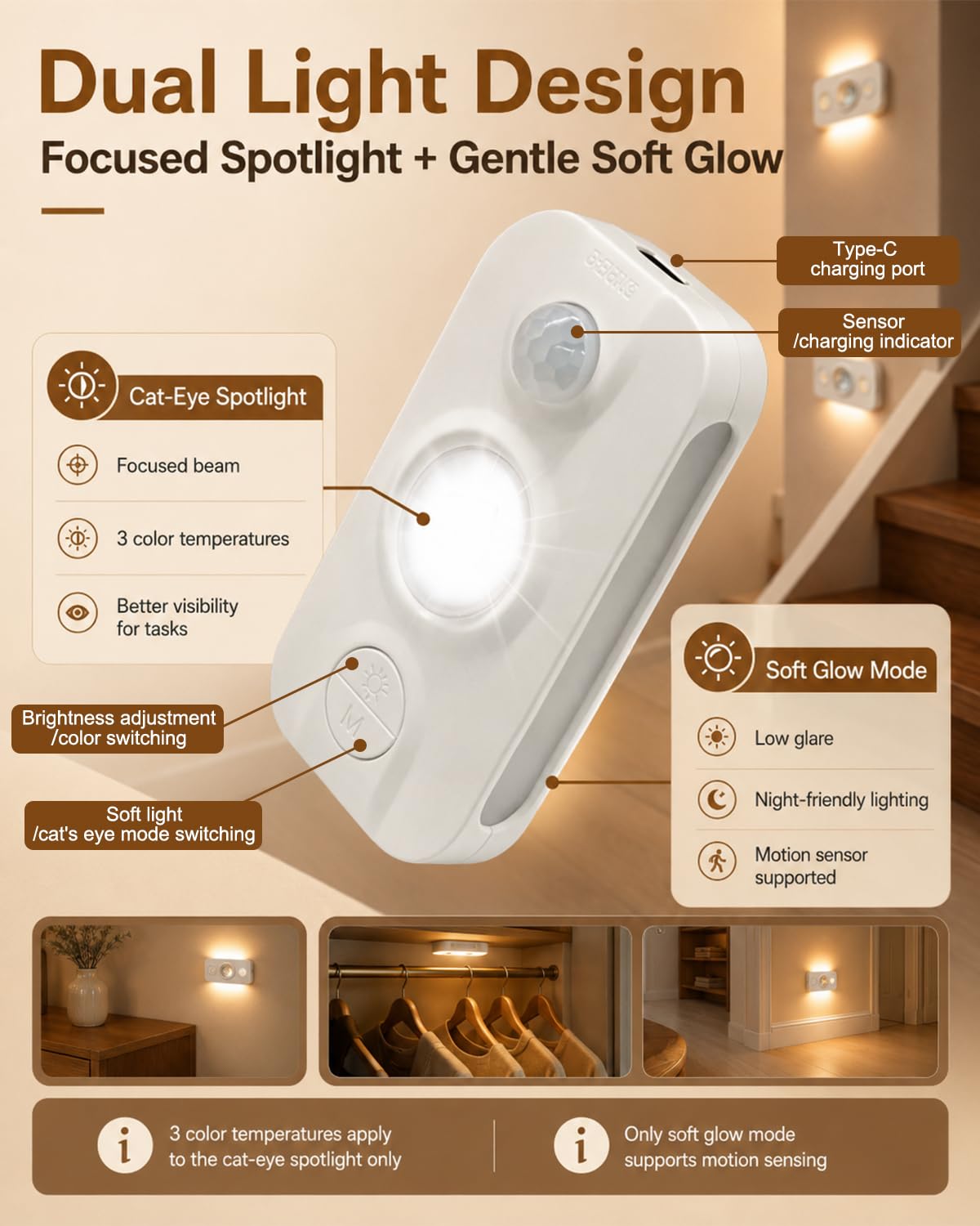 2 luces de escalera con sensor de movimiento adhesivas, luz nocturna LED blanca cálida, luces de escalera que se pegan en cualquier lugar, luz de armario, luz de pared que funciona con pilas para