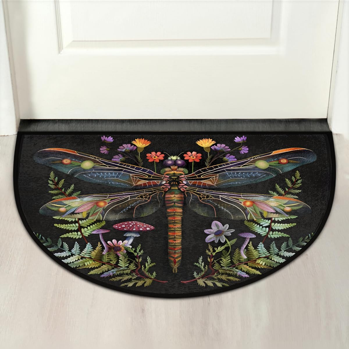 Half Round Doormat Animal Dragonfly Boho Washable Semi Circle Mat Non Slip Absorbent Half Moon Rugs for Indoor Outdoor Entrance Kitchen Bathroom Bedroom Patio Fireplace Floor Carpet Decor