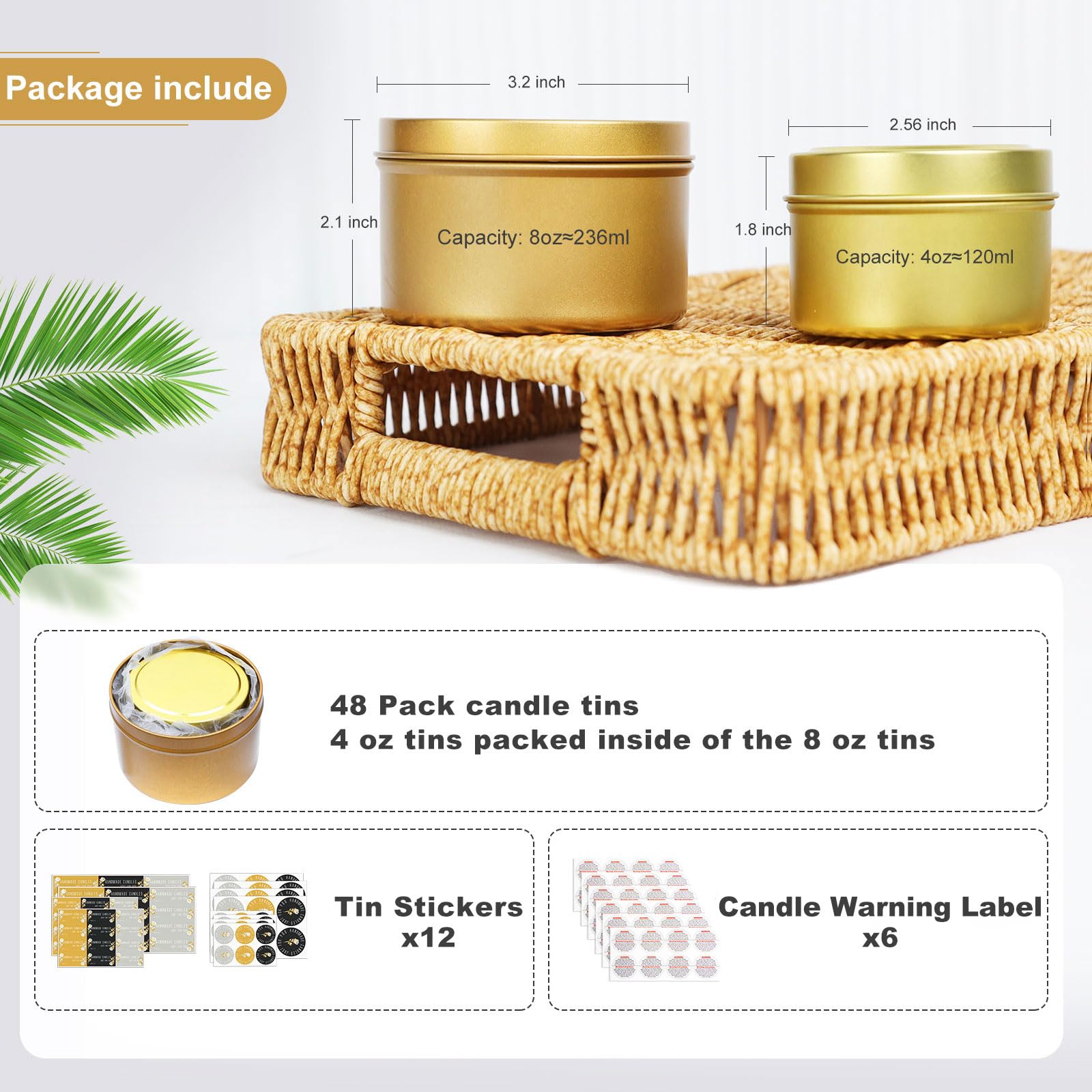 YJHSS 48-Pack Candle Tins - 24x4oz & 24x8oz Empty Candle Jars With Lids (Champagne Gold)
