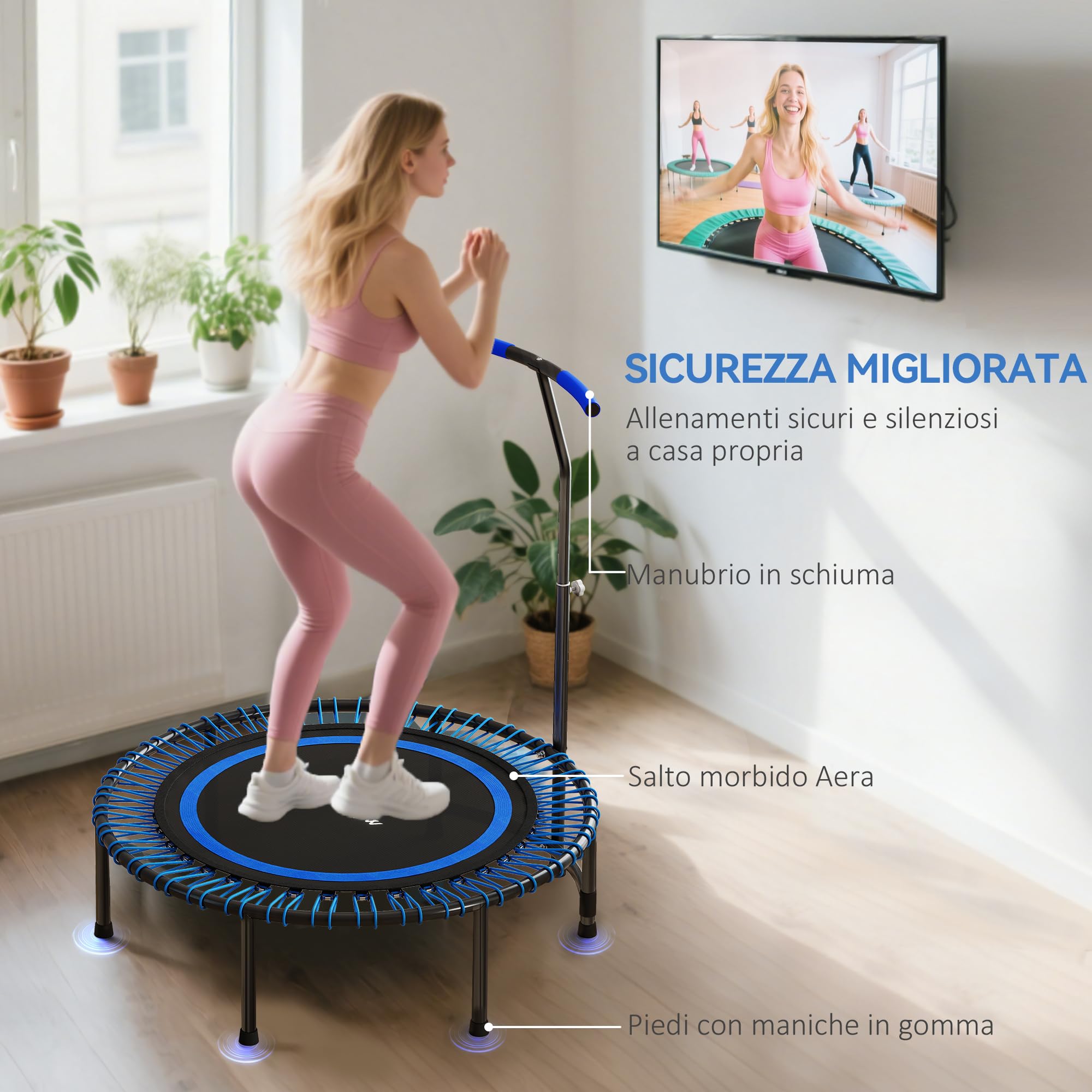 SPORTNOW Trampolino Fitness Ø114 cm con Maniglia Regolabile su 5 Posizioni, Trampolino Elastico Capacità 200 kg, 36 Molle Bungee, Tappeto Elastico Per Adulti per Allenamento a Casa, Blu
