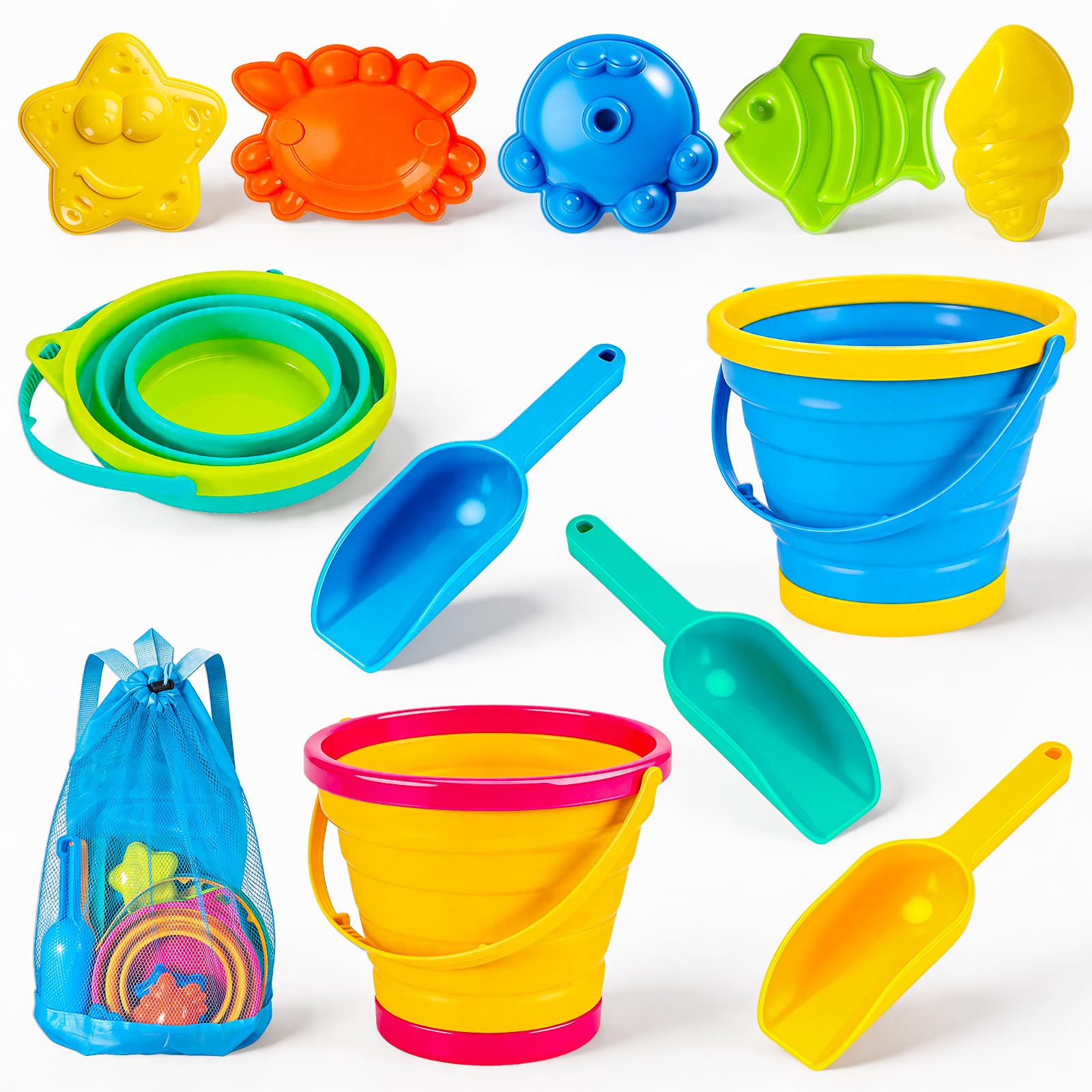 Photo 1 of **FACTORY SEALED**  MGparty Collapsible Beach Toys Set for Kids, 3 Pack Foldable Sand Buckets with Shovels Molds Mesh Bag, Portable Travel Sandbox Toys for Toddlers Kids Age 3-10