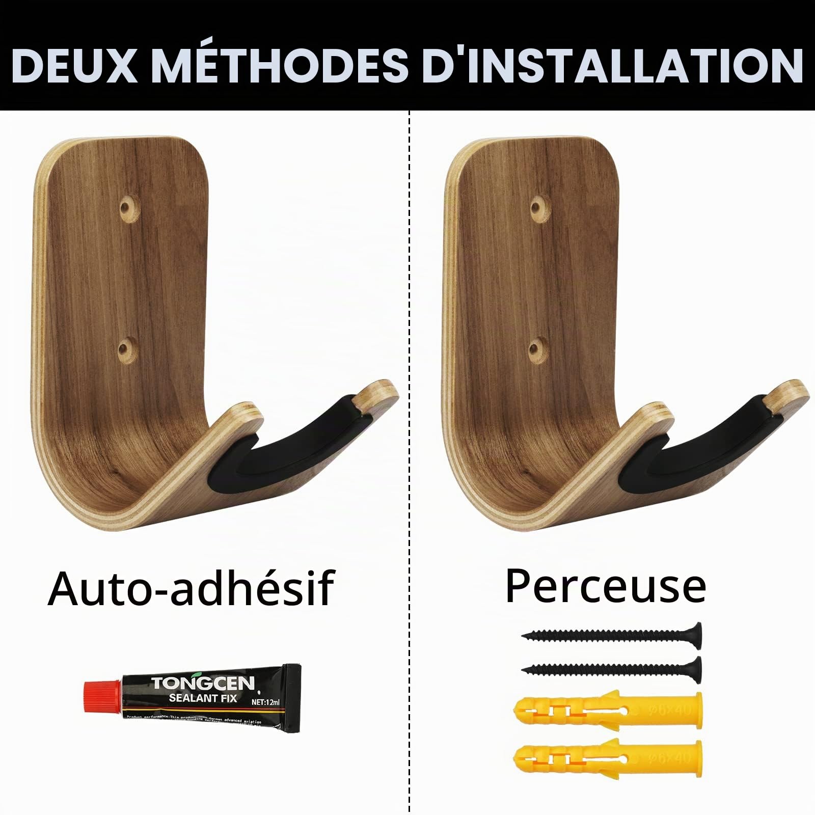 Support Mural pour Guitare, Support de Crochet de Guitare en Bois avec Vis et Adhésif pour Ukulélé, Basse, Guitare Acoustique et électrique,Guitare