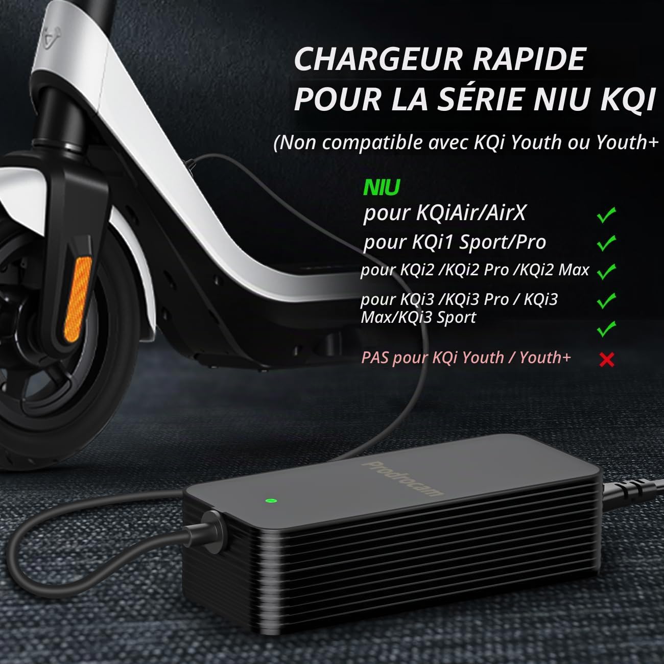 53,5V 2A Chargeur pour NIU KQi3, 46,8V Chargeur de Batterie pour NIU KQi3 Pro / KQi3 Max / KQi2 / KQi2 Pro Scooter Électrique Accessoire