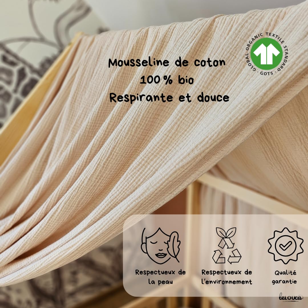 Ciel de lit cabane,100x350 cm, Coton Biologique Beige, décoration pour Chambre bébé ou Enfant. Inclus : 2 Toiles lit cabane; 2 Feuilles de décoration et Les Attaches Pratiques.