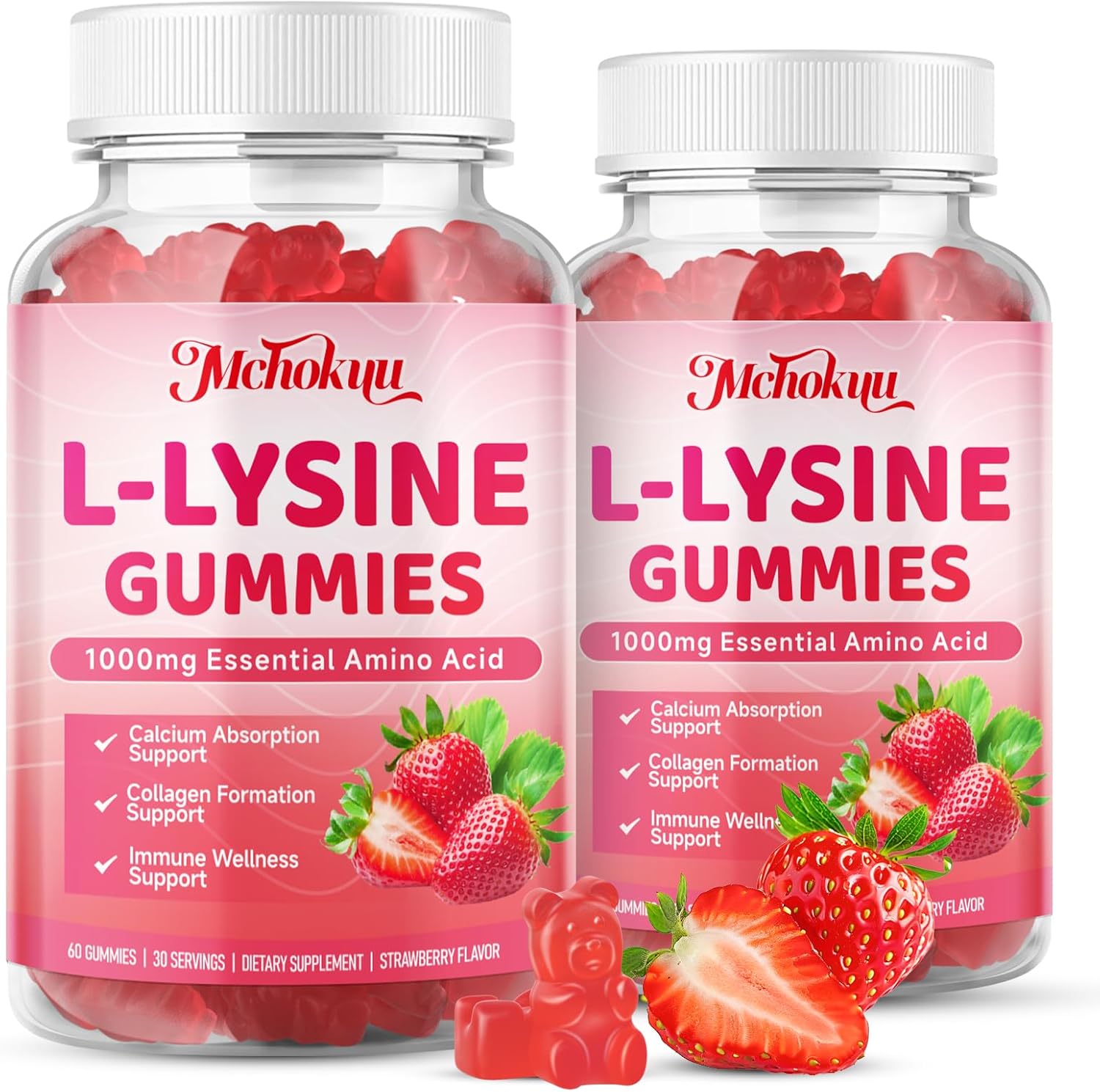 L-Lysine 1000mg Gummies, Chewable Lysine Supplement for Adults & Kids Immune Support, Essential Amino Acid, Vegetarian, Non-GMO, Sugar-Free, Gluten Free, Strawberry Flavor, 120 Counts