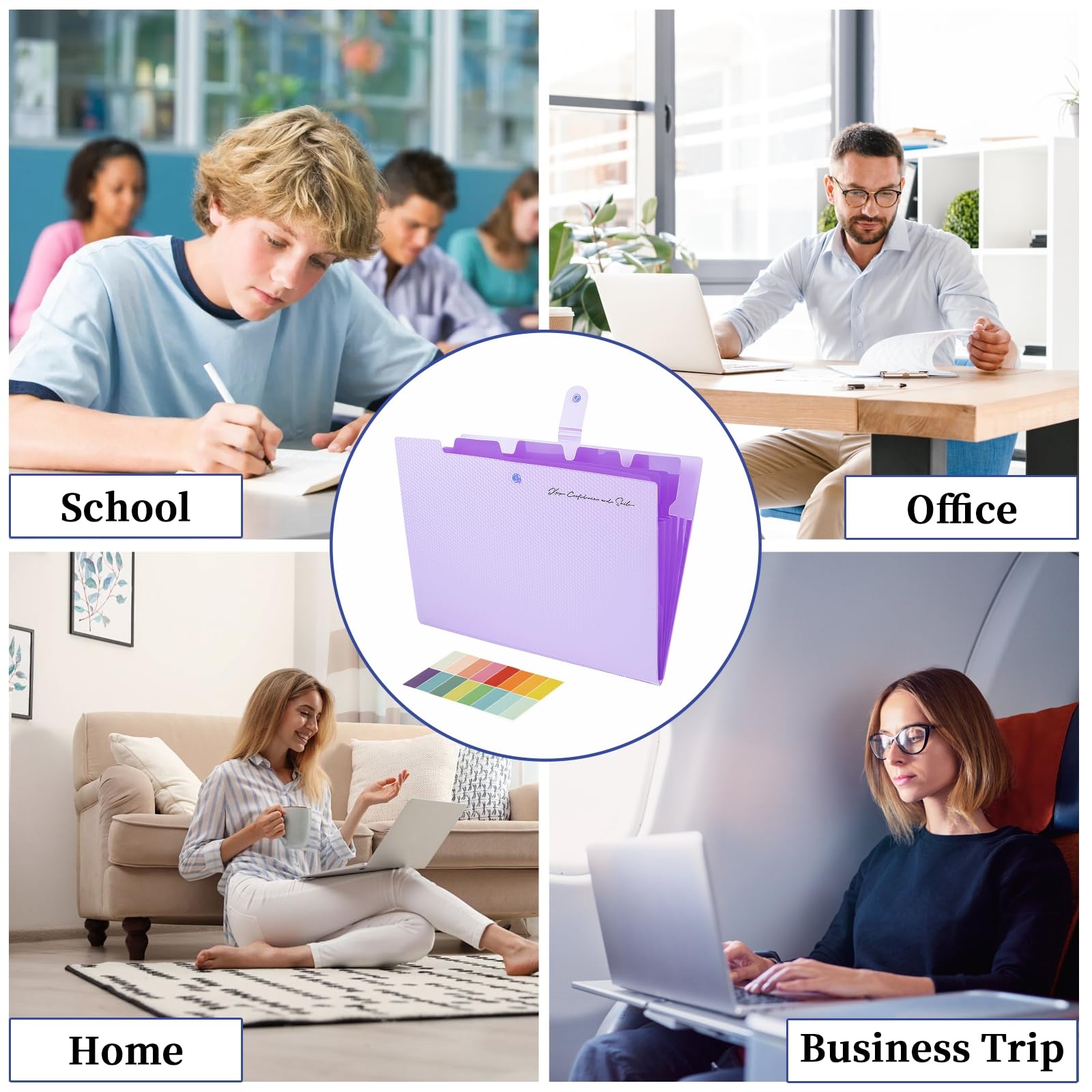 Trieur A4 avec 5 dossiers, système de classeur, organiseur de documents avec étiquettes, pour bureau, maison, école, documents (violet)