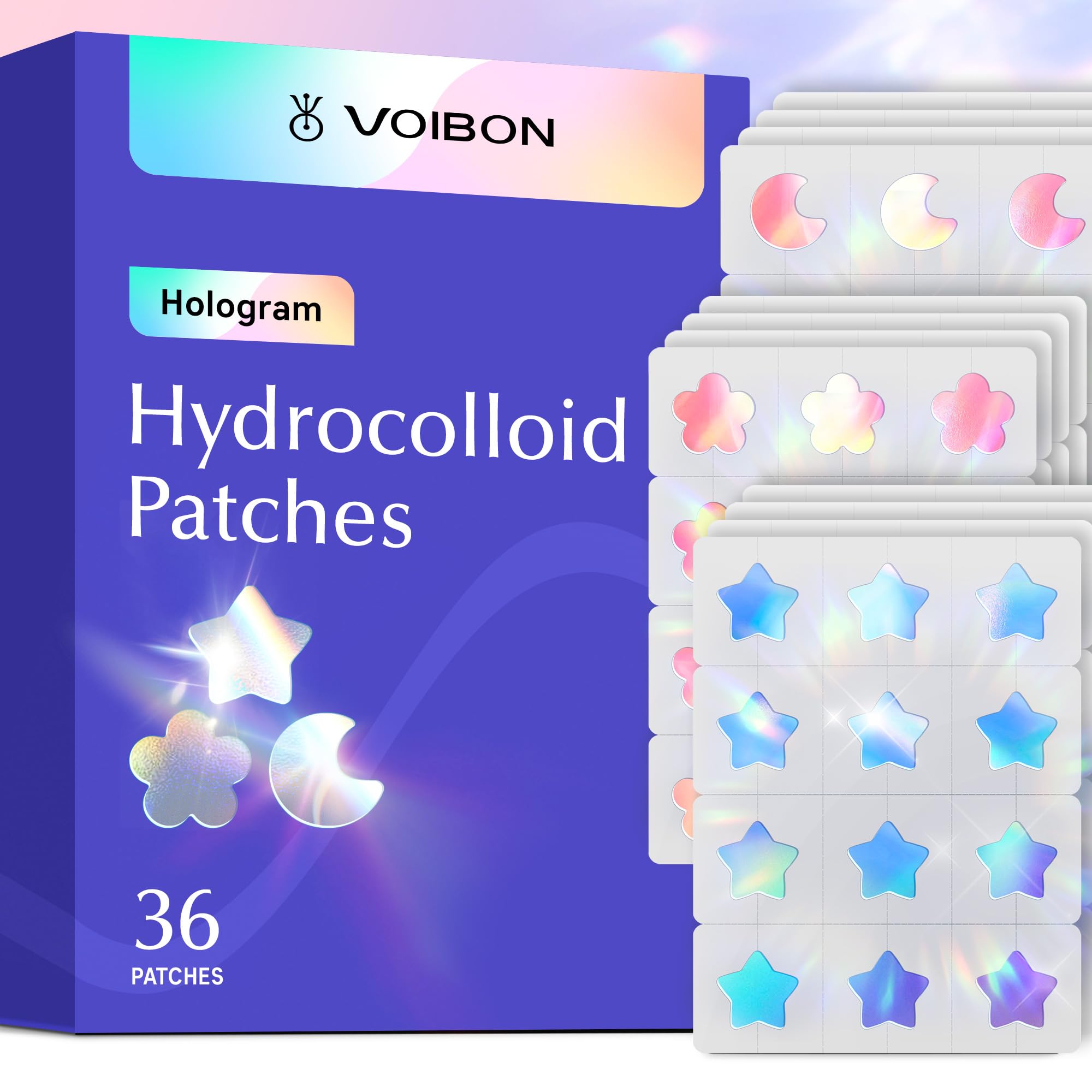 Voibon Hologram Pimple Patches for Face, Cute Hydrocolloid Acne Patches, Salicylic Acid & Tea Tree Colorful Star Spot Stickers,Zits & Blemish,Blue Pink Moon Flower,Zit Patches 12MM(36 Count)