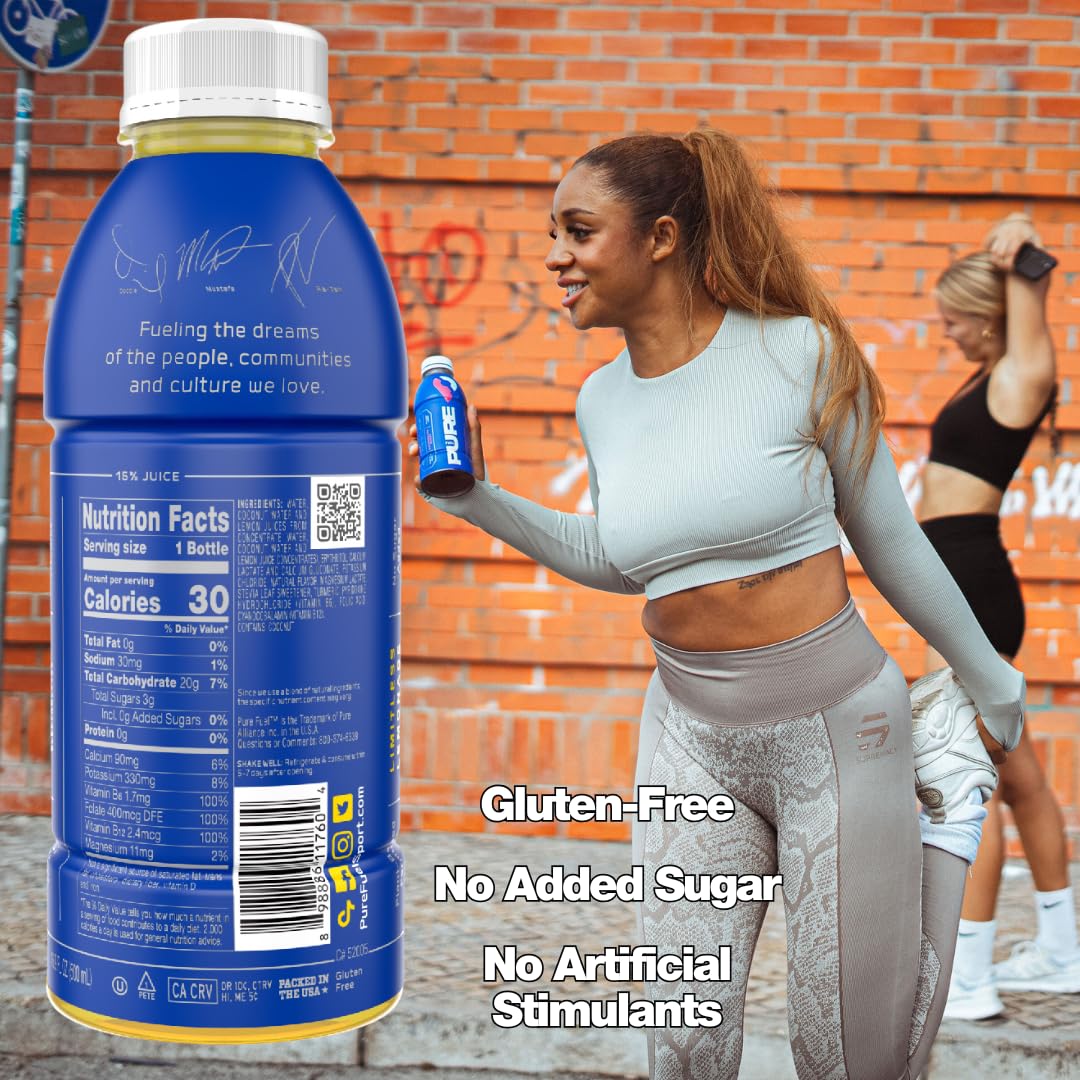 Pure Fuel Hydration Drinks Limitless Lemonade - Plant-Based Healthy Electrolyte Drinks with B-Vitamins - No Added Sugar - 12 Pack x 16.9 fl oz Bottles