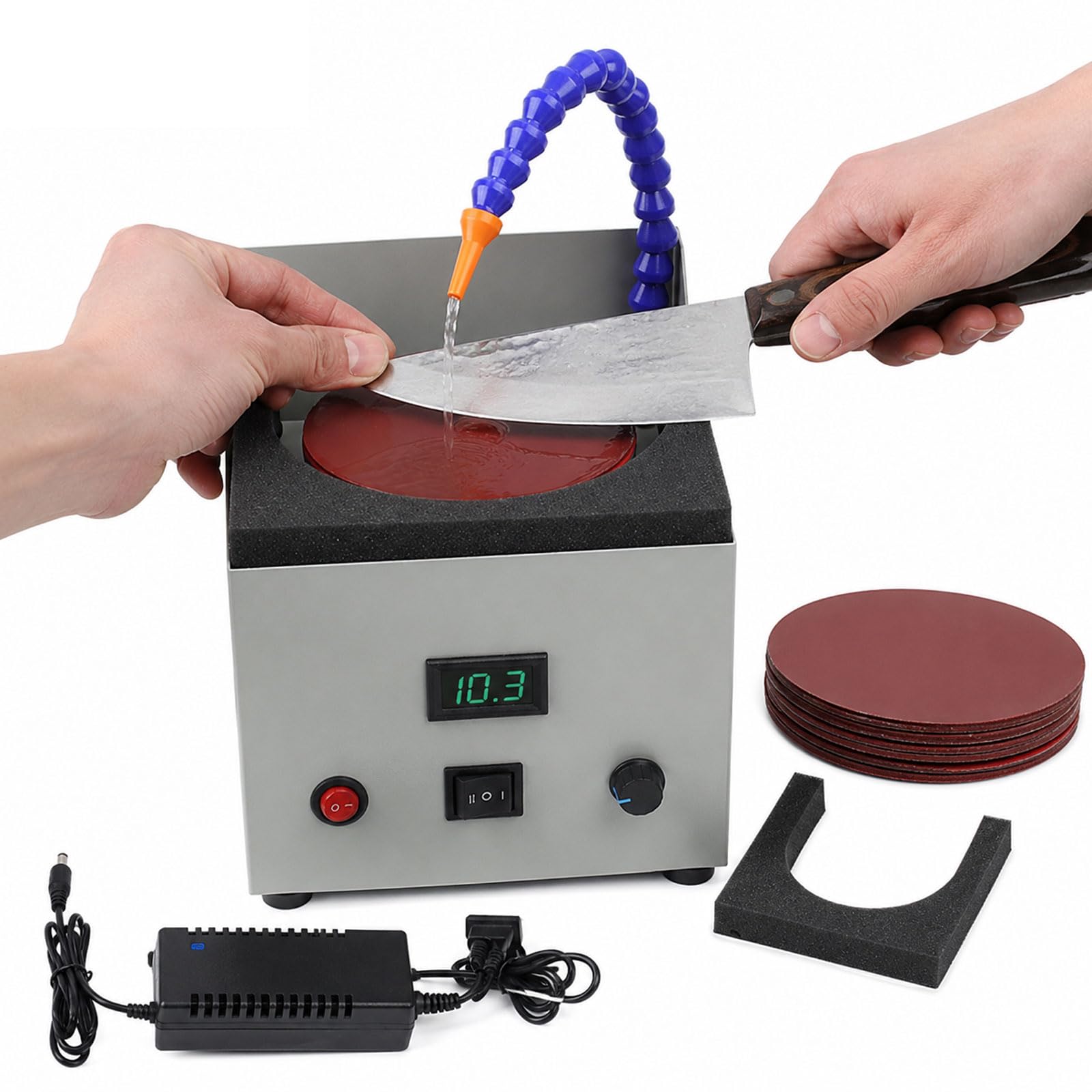 BDJSN Wet Dry Knife Sharpener, 150w Electric Bench Sander With Built-in Water Pump, 0-4000 Rpm Stepless Speed Control, Forward Reverse Rotation, 150mm Grinding Disc, For Knives Scissors Tools