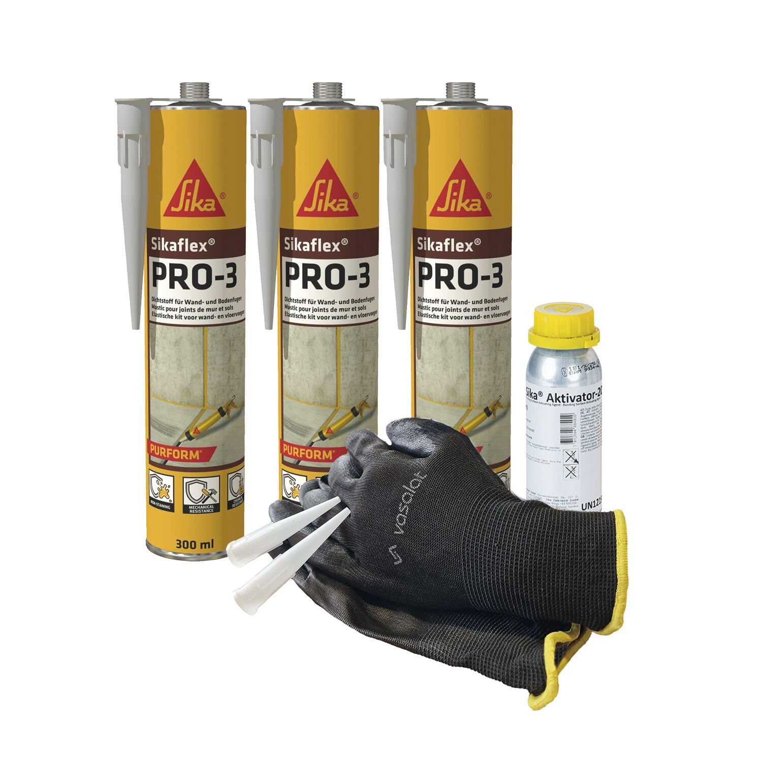 Sikaflex PRO-3 betongrau 3x 300ml Dichtstoff für Fugen - mit Aktivator 205 zur Abdichtung von Aluminium und Stahl mit 5 Düsenspitzen