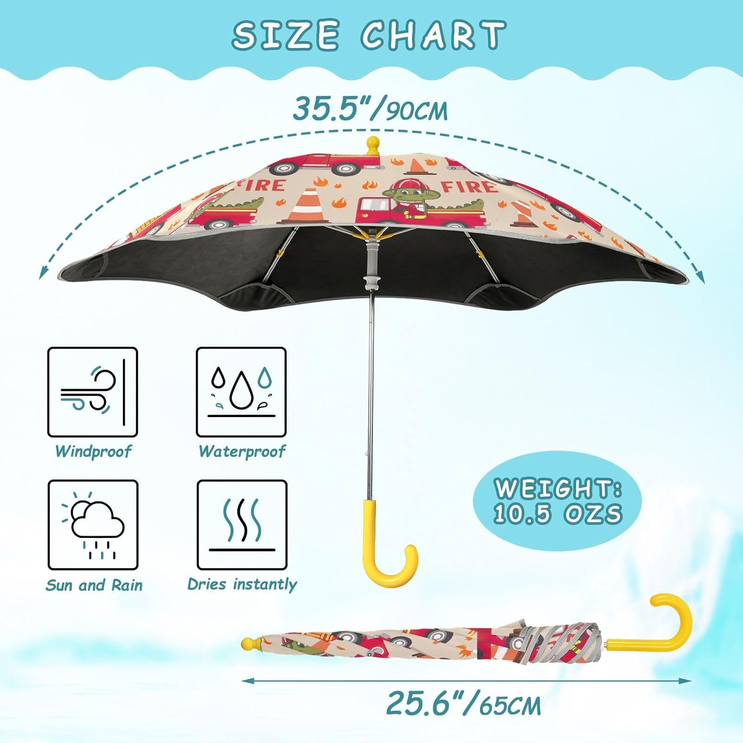 ODAWA Crocodile Fire Trucks Stick Umbrellas for Children with Hook Handle Rounded Corner Rain Umbrellas Age 3-8