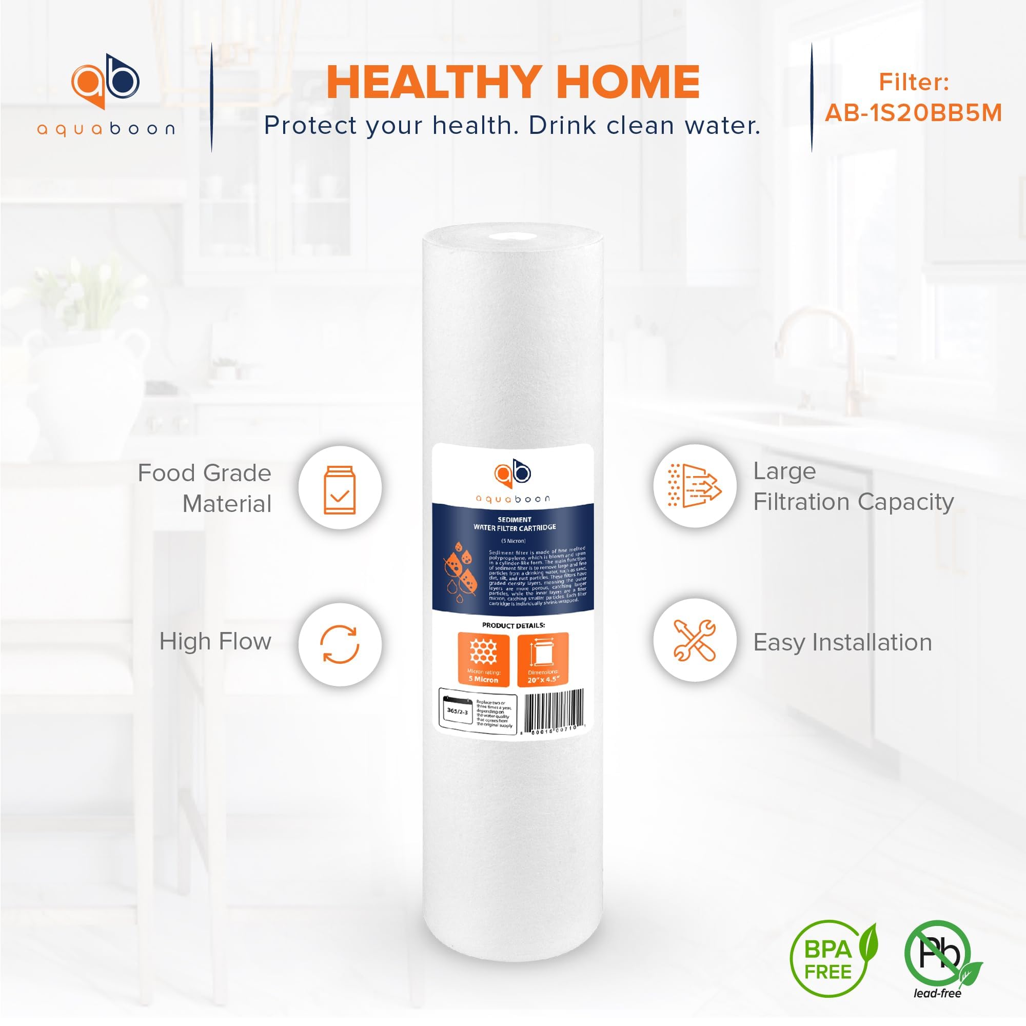 Aquaboon Cartuchos de filtro de agua de carbono de 5 micras, 20 x 4,5, antiincrustación, para sistema de filtración de agua de 3 etapas para toda la casa, juego de 2 unidades