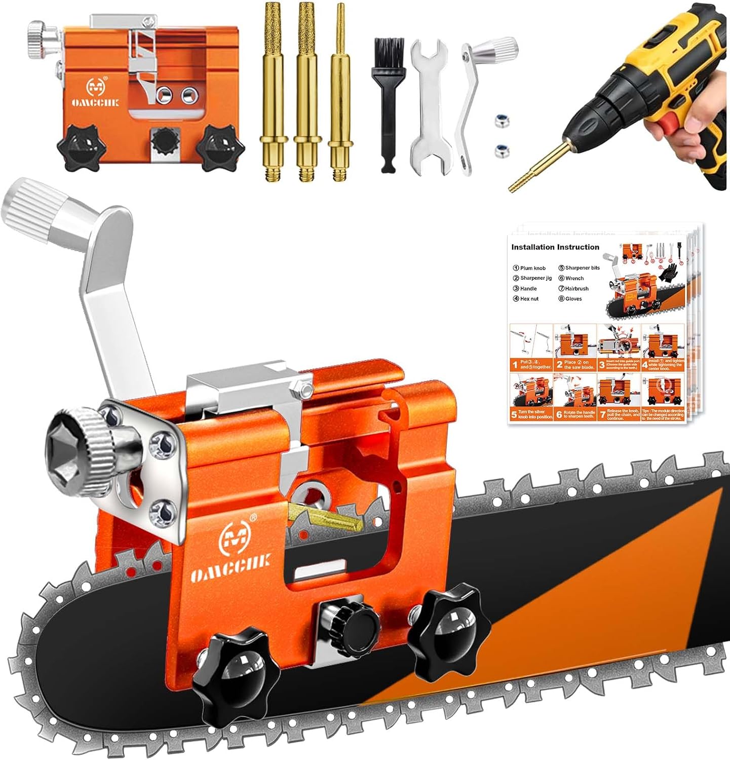 Portable Chainsaw Sharpener Jig Kit, Hand Crank Sharpening Tool with 3 Sharpening Burrs Cleaning Brush, Chain Saw Blade Sharpener Accessories for Electric Chainsaw, Gardening