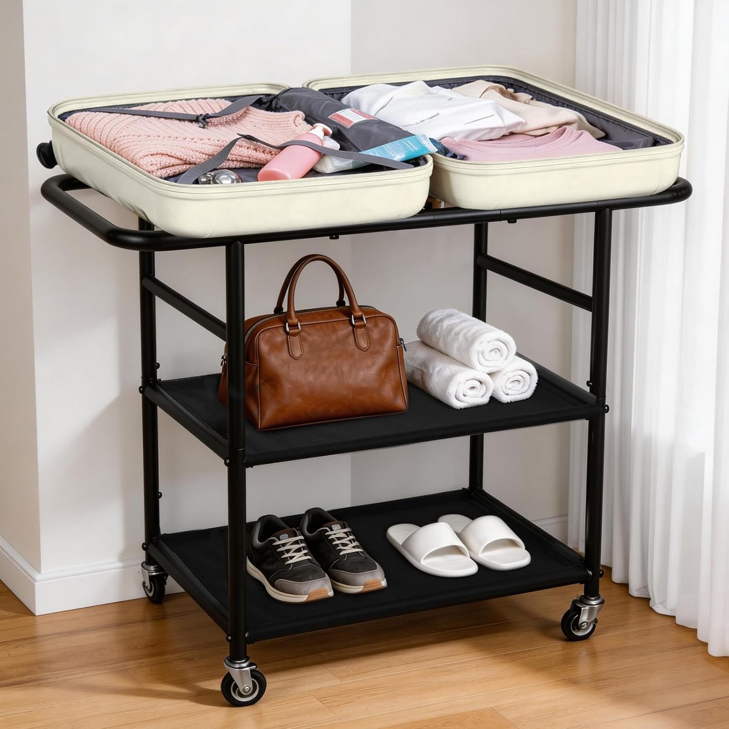 ikkle Luggage Rack for Guest Room, Suitcase Stands with Wheels, Metal Luggage Holder with 2 Storage Shelf for Bedroom, Hotel, Black