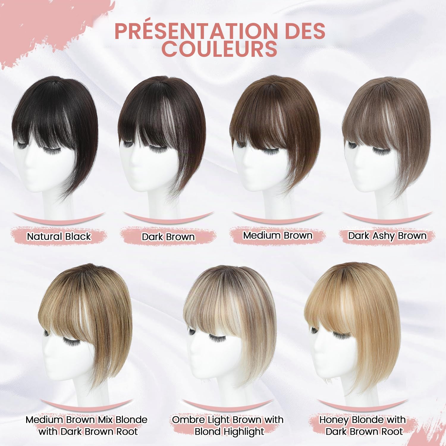 Postiches pour femmes avec cheveux humains - Postiche avec frange tissée à la main - Base suisse - (Brun cendré foncé)
