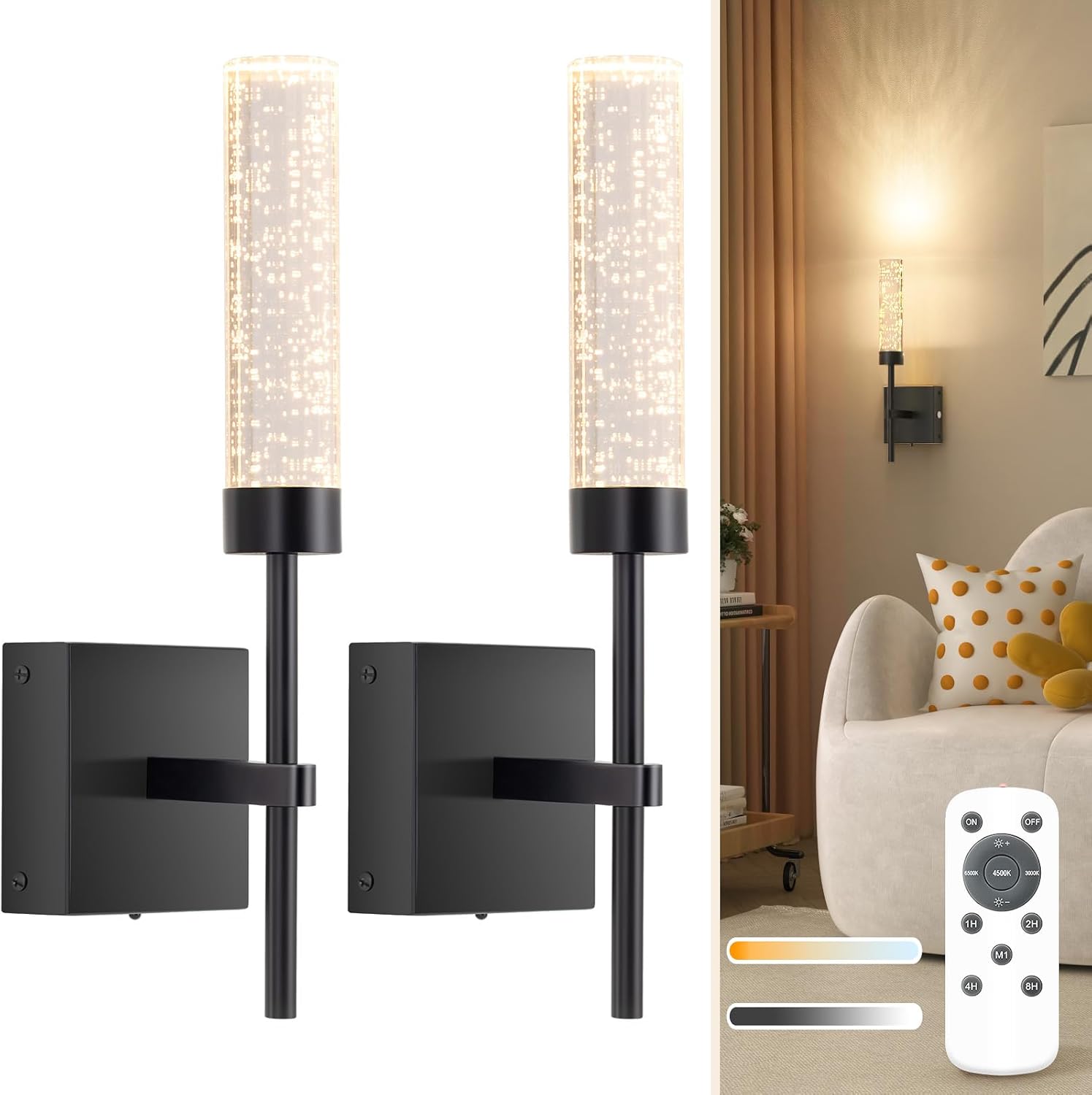 NIORSUN Crystal-Inspired Bubble Wireless Wall Sconces, 10000mAh Battery Operated Wall Sconces Set of 2, 3 Color Temps Rechargeable Wall Lights with Remote, Dimmable Wall Lamp for Living Room Bedroom