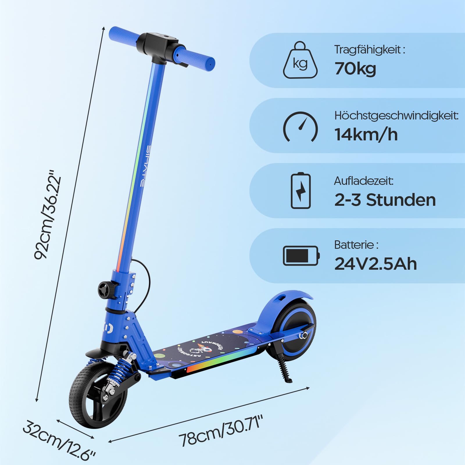S5 Patín Eléctrico para Niños, Scooter Eléctrico Plegable con Luz LED, Llantas Todo Terreno de 6,5", Velocidad Máx. 14 km/h, para 6-14 Años, Azul