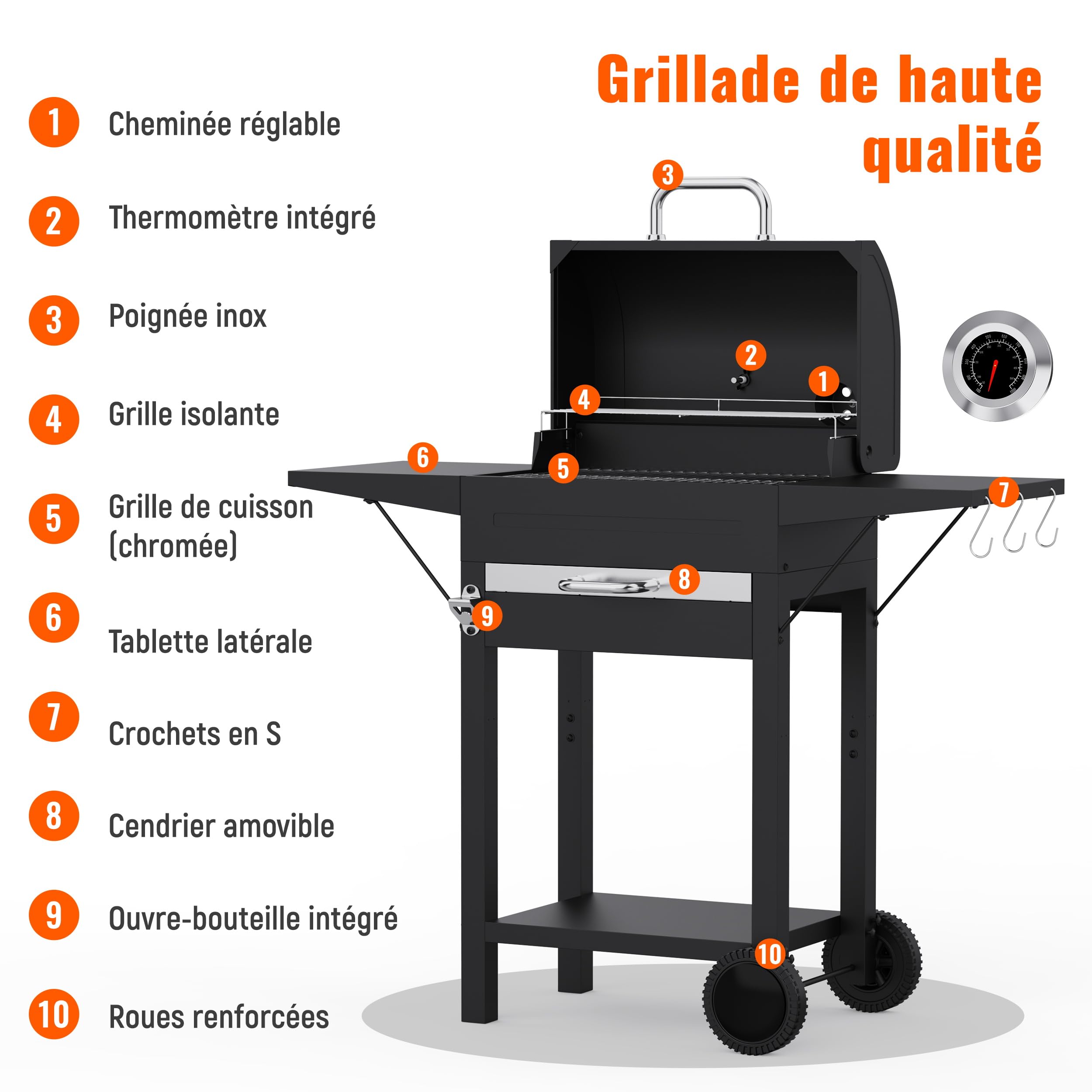 Barbecue Charbon de Bois XXL avec Couvercle - Grand Barbecue Charbon à Chariot, 2 Tables Latérales et Thermomètre - BBQ Fumoir Portable avec Roues pour Jardin, Camping et Fêtes en Extérieur