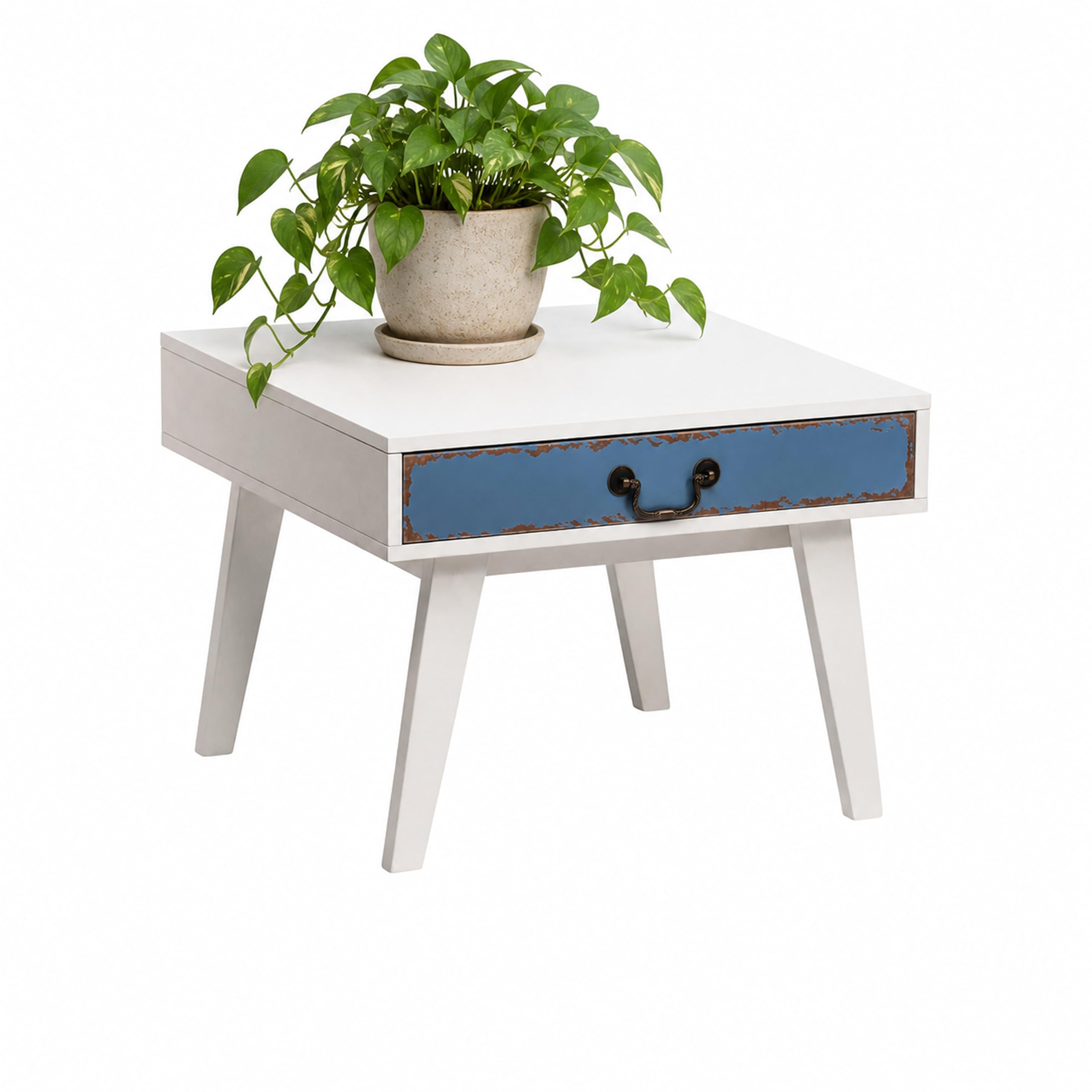 Premier Housewares White and Natural Wood Side Table with Blue Drawer