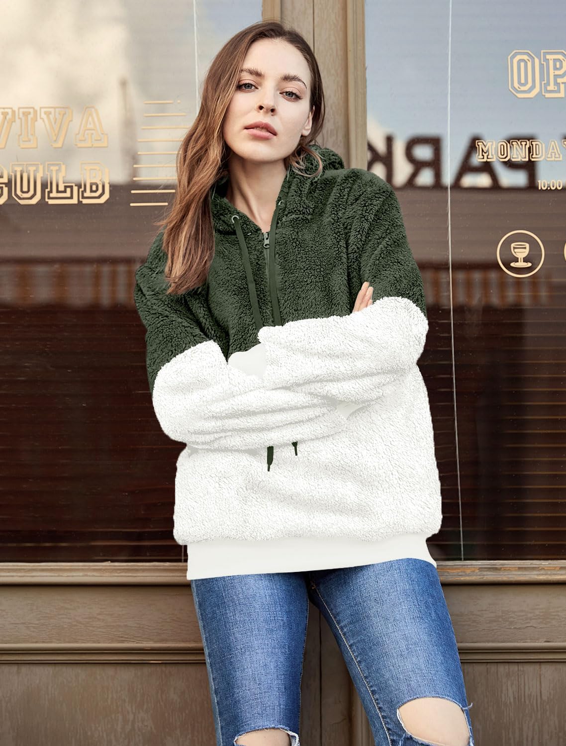 LONGYUAN Women Casual Hoodies Fashion Fuzzy Warm Pullover Sherpa Outerwear with Pockets - Image 2