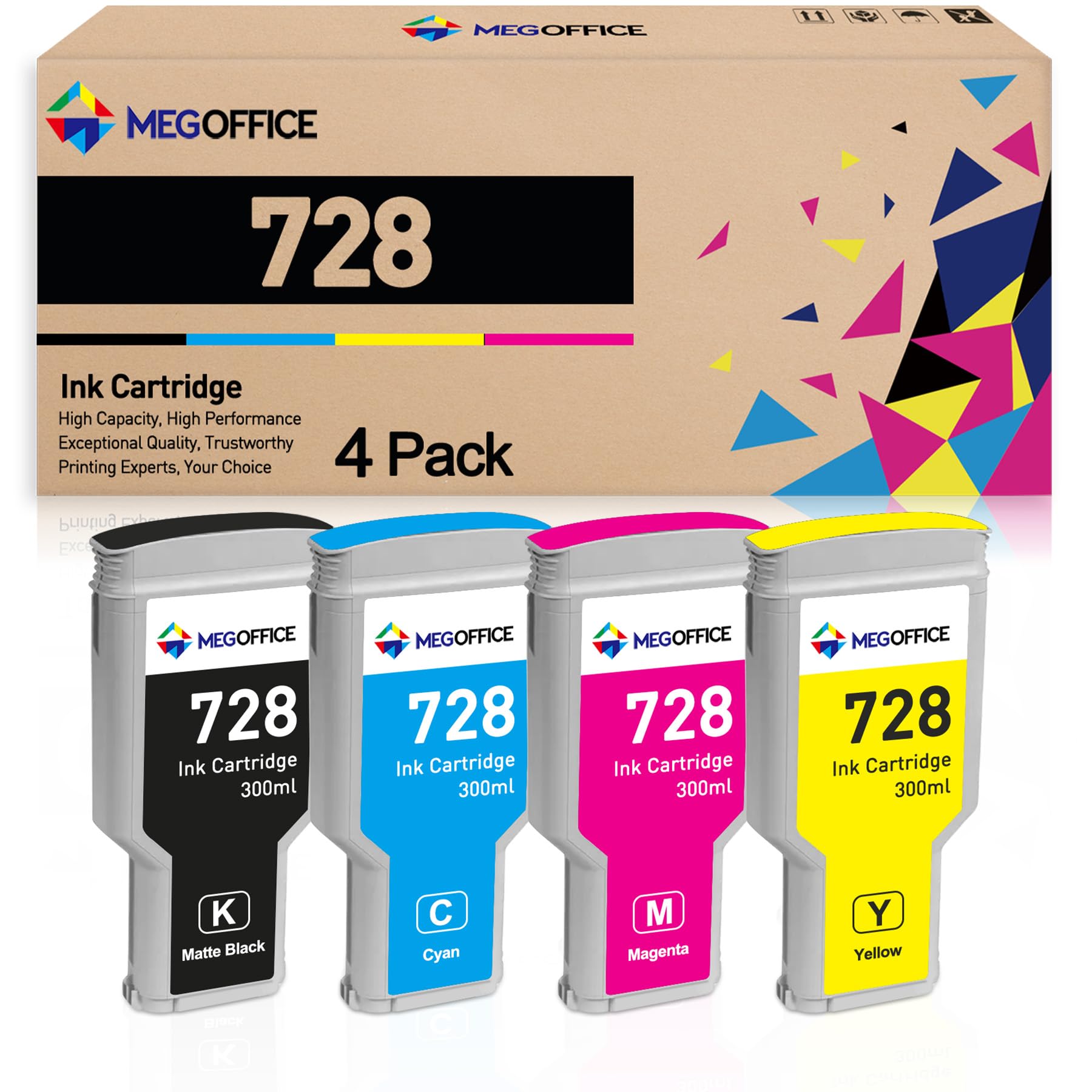 MEGOFFICE Compatible Ink Cartridge Replacement for HP 728 Ink Cartridges High Yield (300ml, Matte Black/Cyan/Magenta/Yellow) F9J68A F9K17A F9K16A