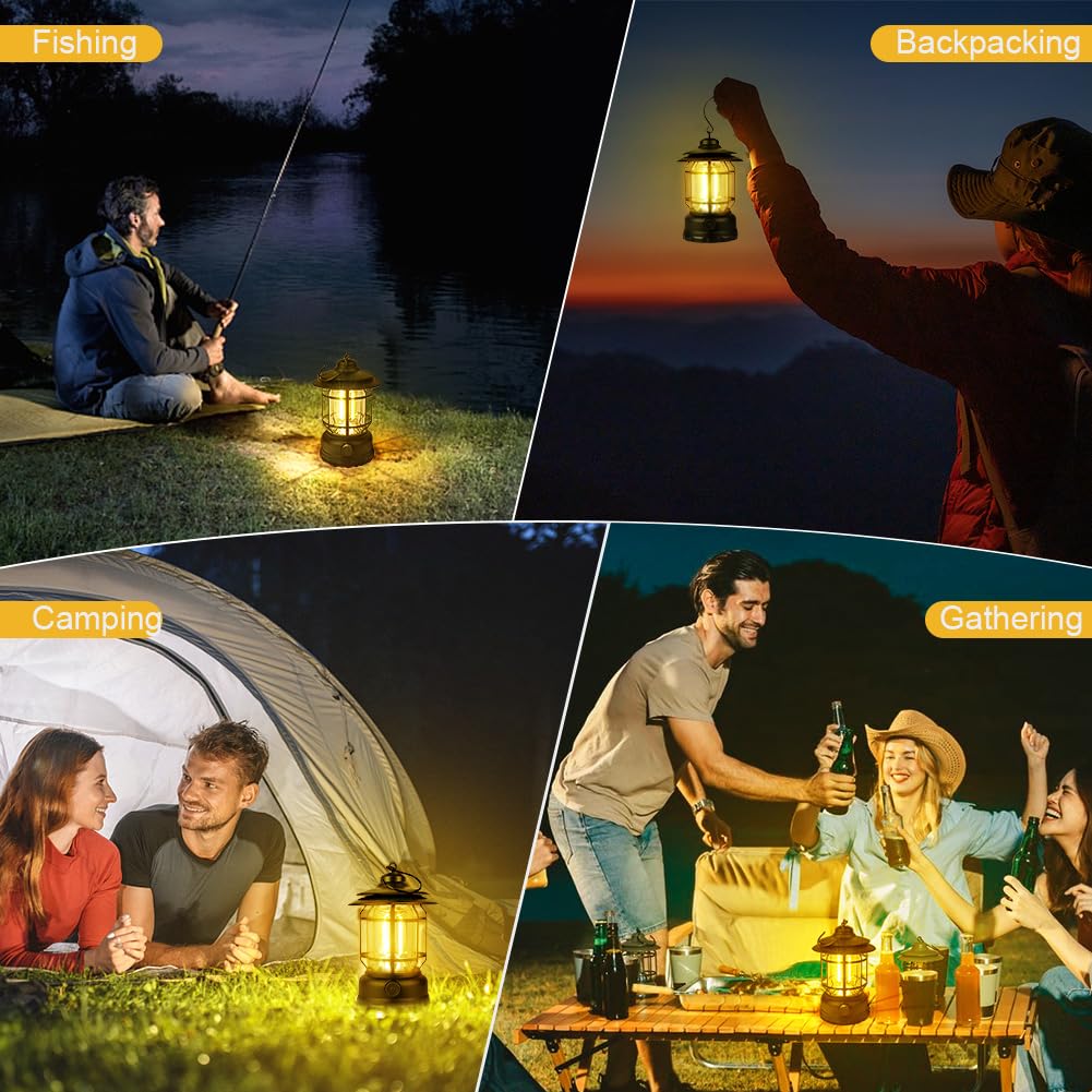 Flintronic Lanterne de camping rechargeable, lampes de camping LED rétro avec gradateurs rotatifs, lumière de tente COB portable à suspendre pour le camping, lumière de camping vintage pour la