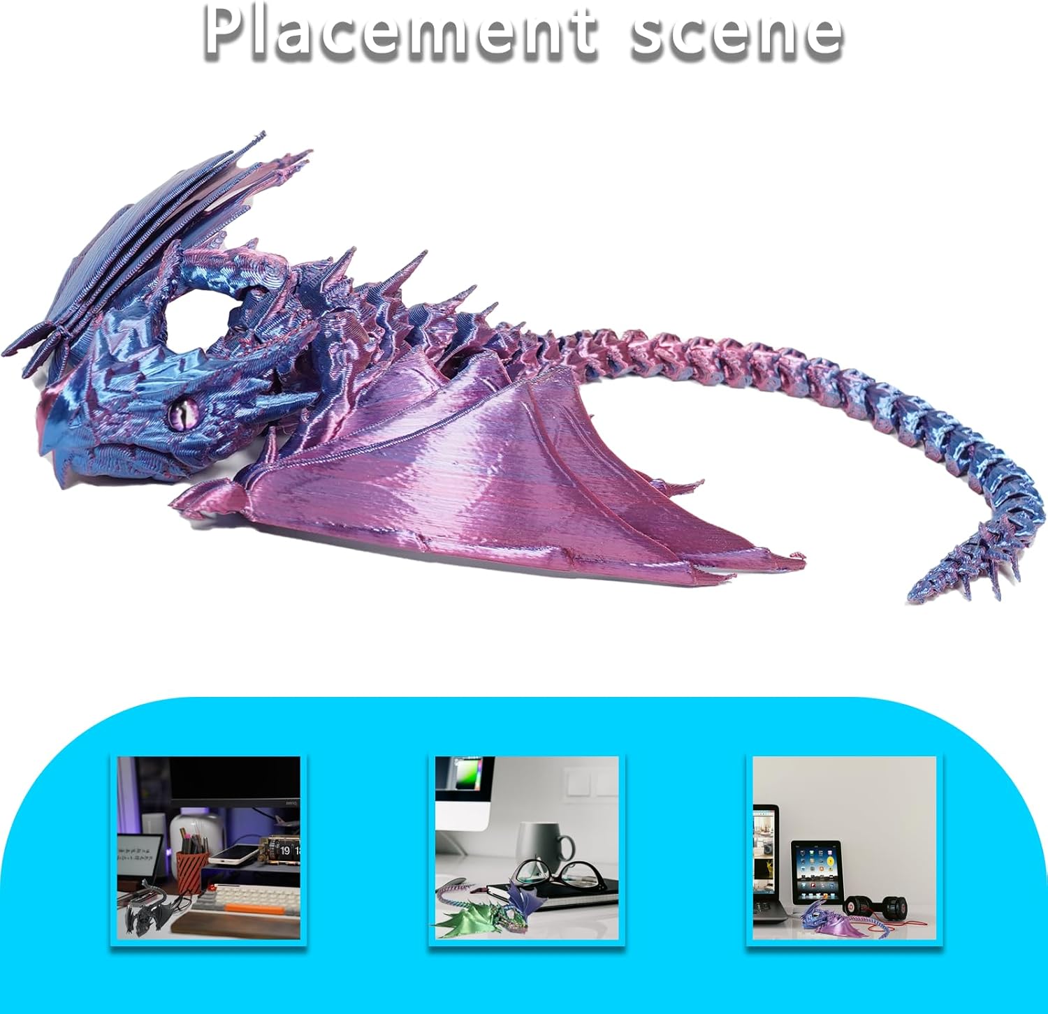 Articulated 3D Printed Dragon with Flexible Wings - Fantasy Dragon Model, Movable Desk Decor, Collectible Gift (Blue-Red)