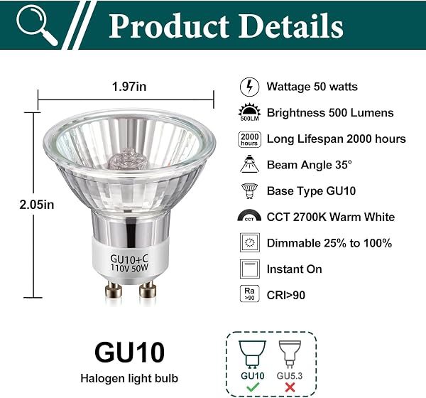 KIWEN GU10 Halogen Light Bulbs for Candle Warmer Lamp, 120V 50W, Dimmable 2700K Warm White, GU10+C Replacement Bulbs, Pack of 2 - 2