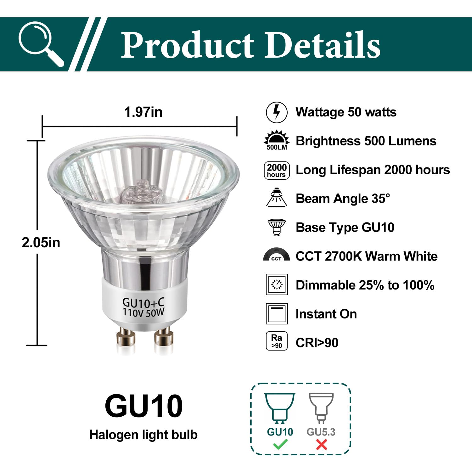 KIWEN GU10 Halogen Light Bulbs for Candle Warmer Lamp, 120V 50W, Dimmable 2700K Warm White, GU10+C Replacement Bulbs, Pack of 2 - 3