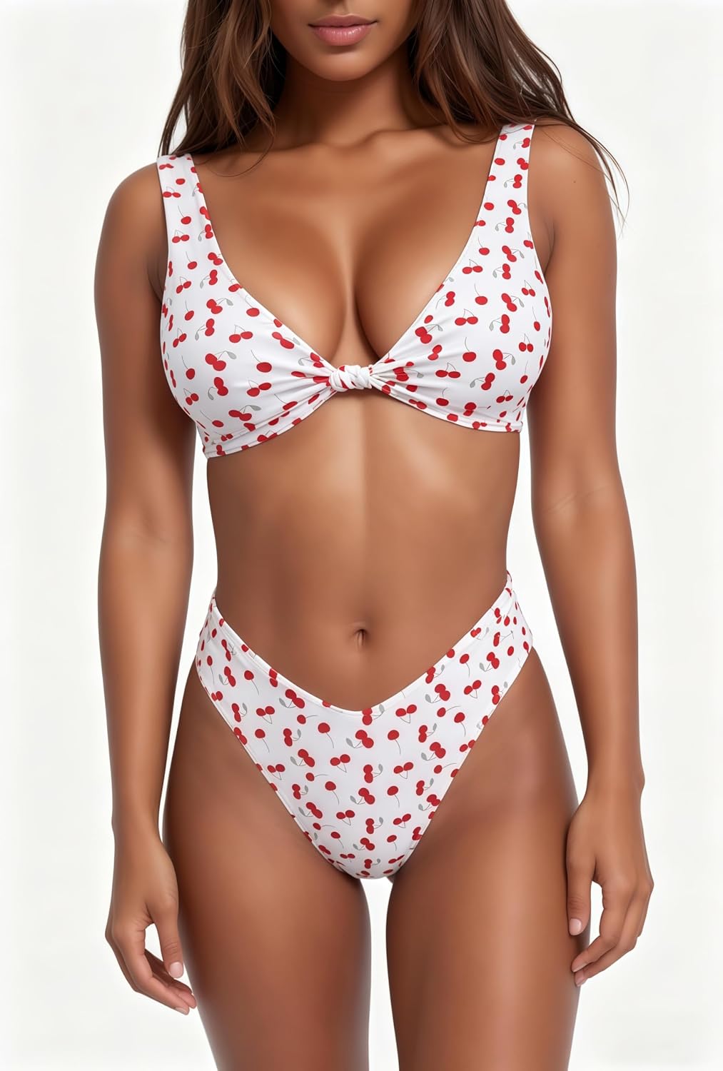 geluboao bikini set for women solid v neck knot front push up high leg thong two piece swimsuit white cherry medium