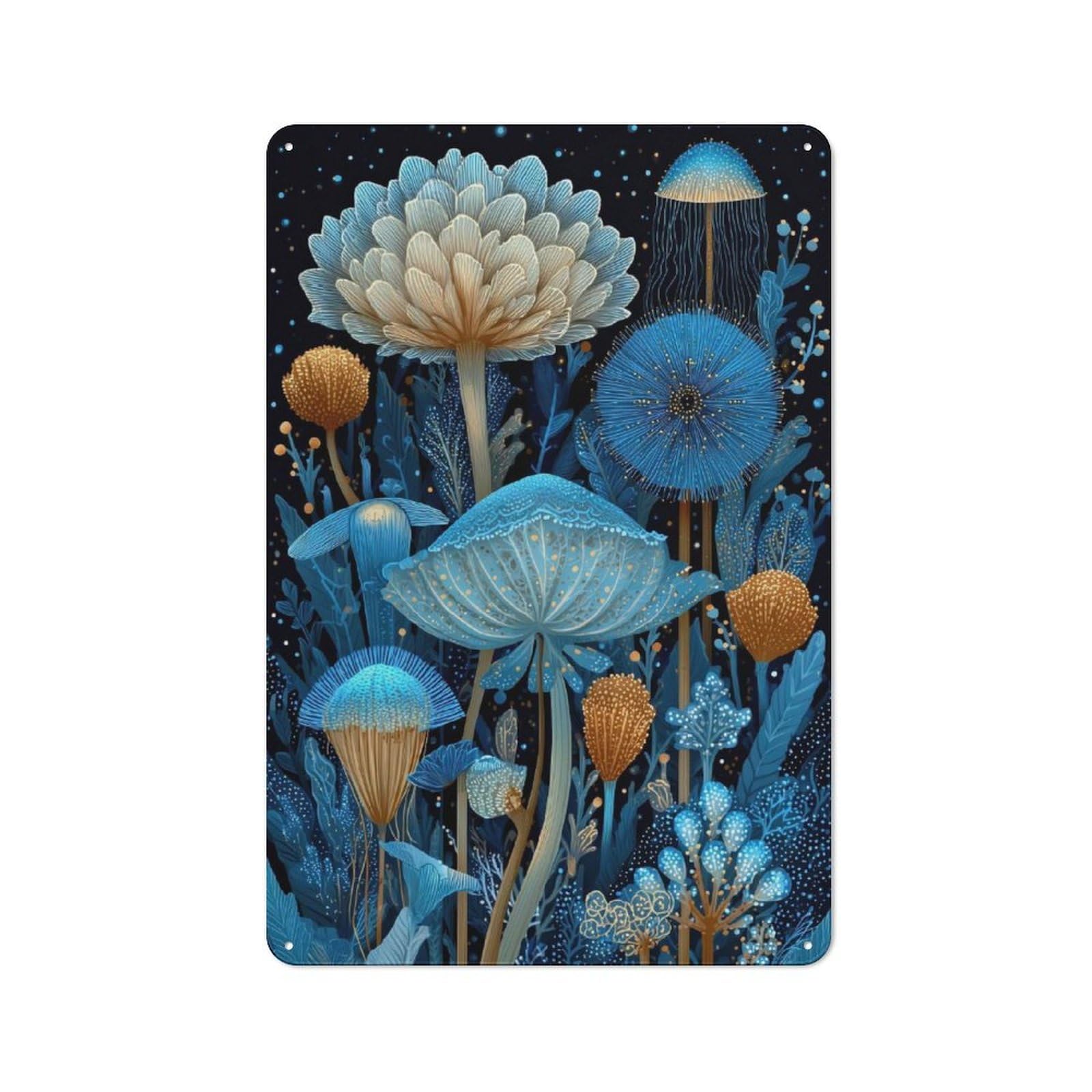 Junmoney Style-23 Fantasy Mushroom Garden In Blue And Gold Shop Front Style Metal Wall Decor 30X20cm, Bistro Metal Sign For Takeaway, Bar, Kitchen Or Counter Area