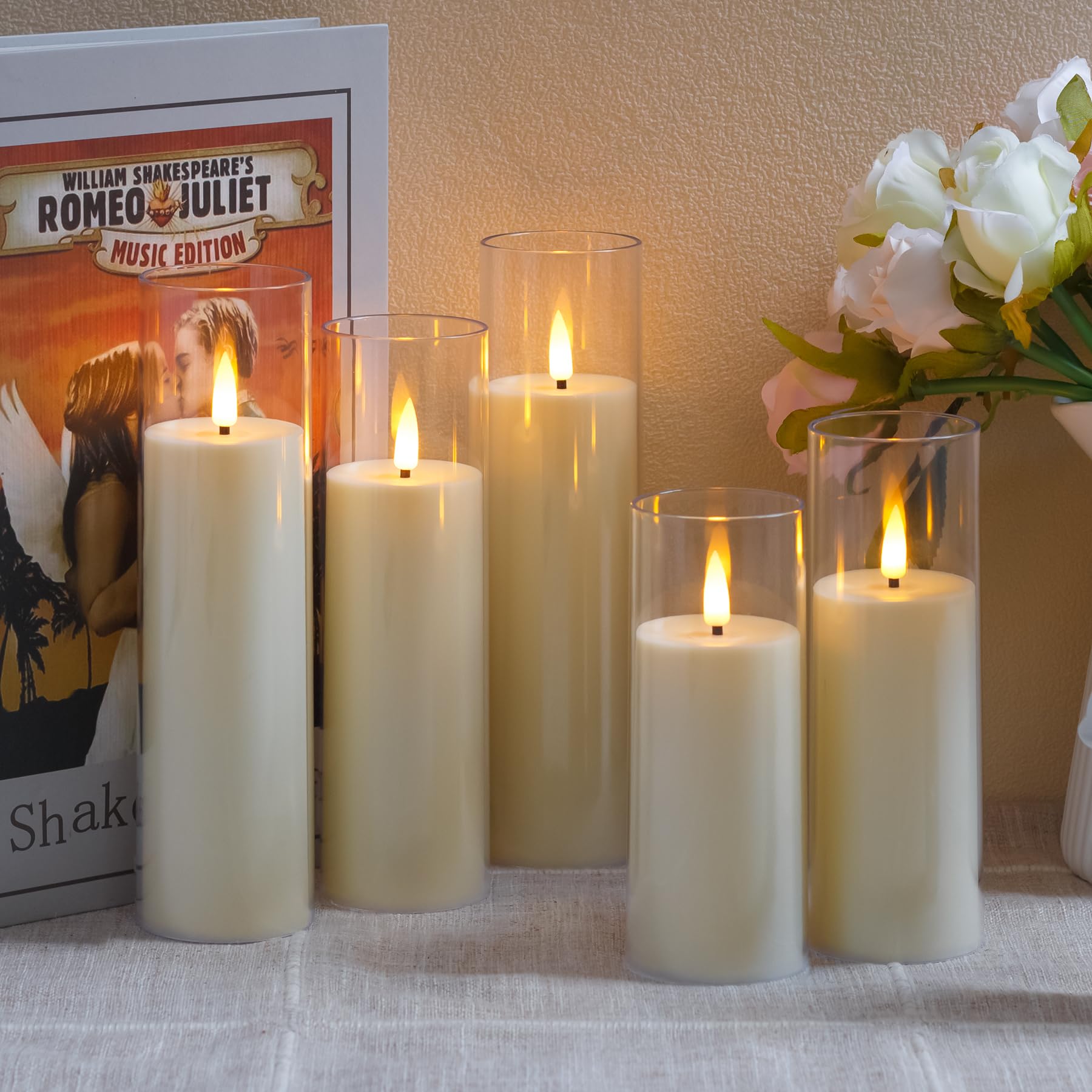 Yeelida Acrilico Candele LED tremolanti senza fiamma con telecomando e temporizzazione, a batteria 5,5cm x 12,5 15 17,5 20 20cm Candele in plastica per la decorazione della casa (lunga durata, avorio)