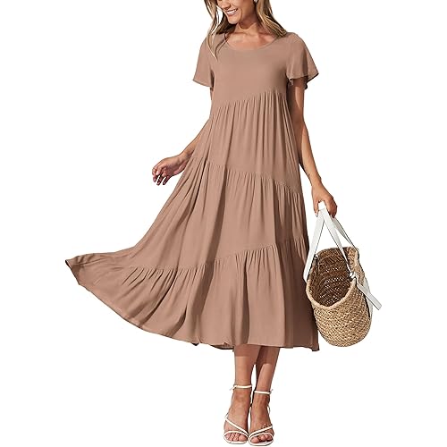 BTFBM Women Summer Casual Short Sleeve Dresses Crewneck Solid Color Maxi Dress Wedding Guest Dresses with Pockets