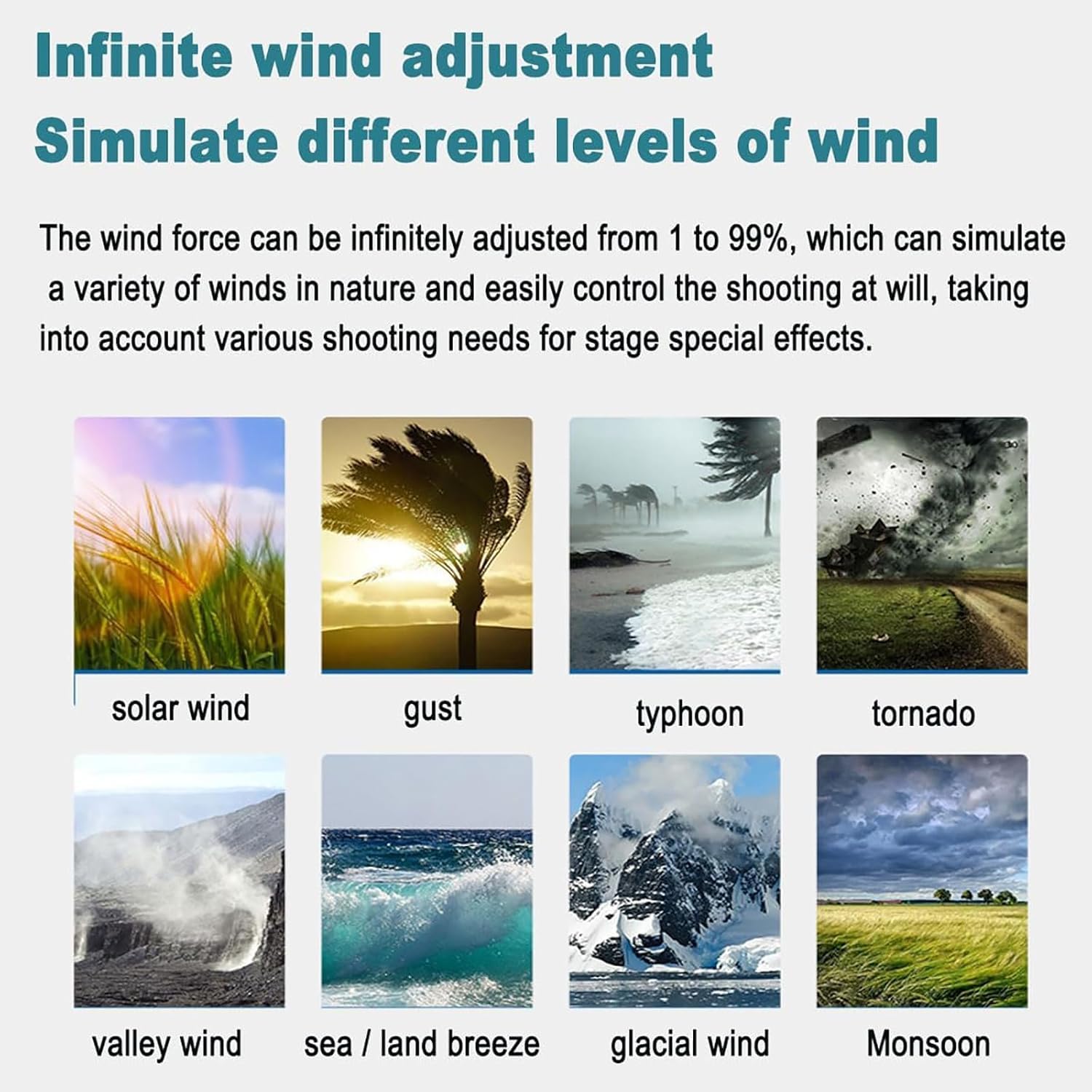 Ventilador portátil de fotografía para efectos de viento, ángulo ajustable, control de velocidad variable para escenario y grabación de video