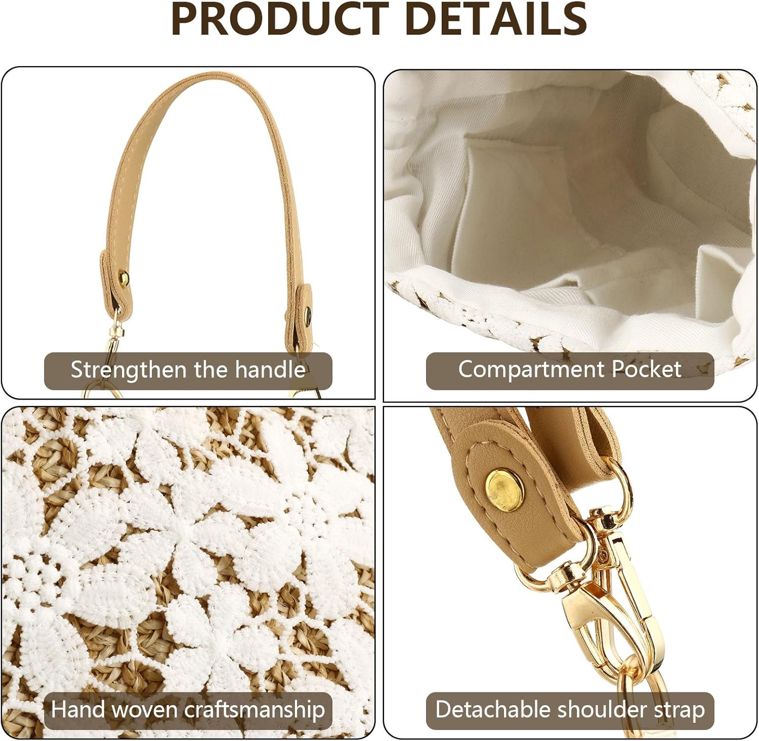 Bamboo Handbag, Beach Purse Bag Half Moon Bag, Straw Lace Woven Travel Sling Bag Shoulder Crossbody Bag for Women - Image 4