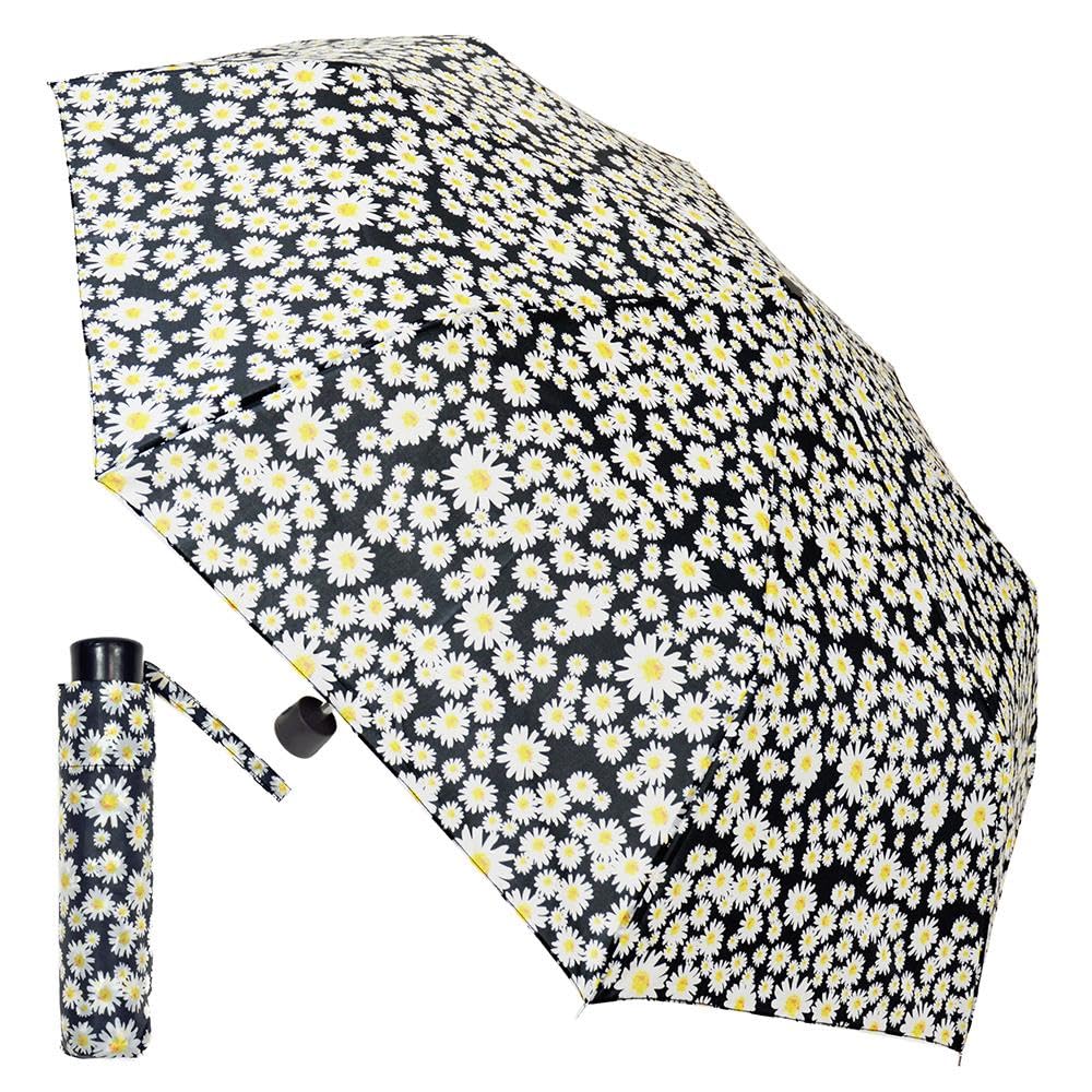 A2z Women's Black Daisy Supermini Umbrella Waterproof Wind Sun Protect Compact Soft Gip Dogtooth Leaf Print Lightweight Portable Heavy Rainfall Streets Travel Canopy Brolly