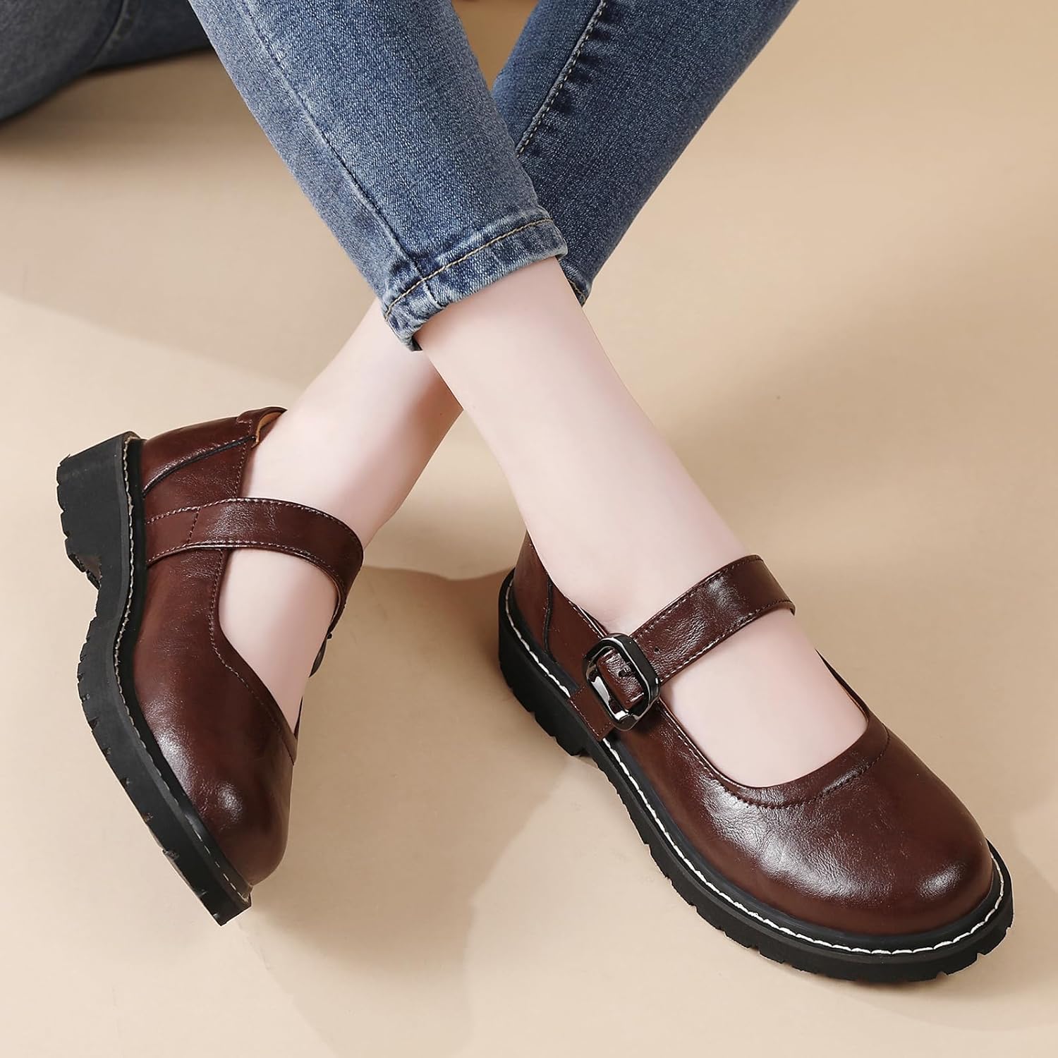 Mary Jane Shoes Women Platform Non-Slip Classics Round Toe Ankle Strap Comfort Casual Oxford Dress Work Mary Jane Flat Shoes - Image 2