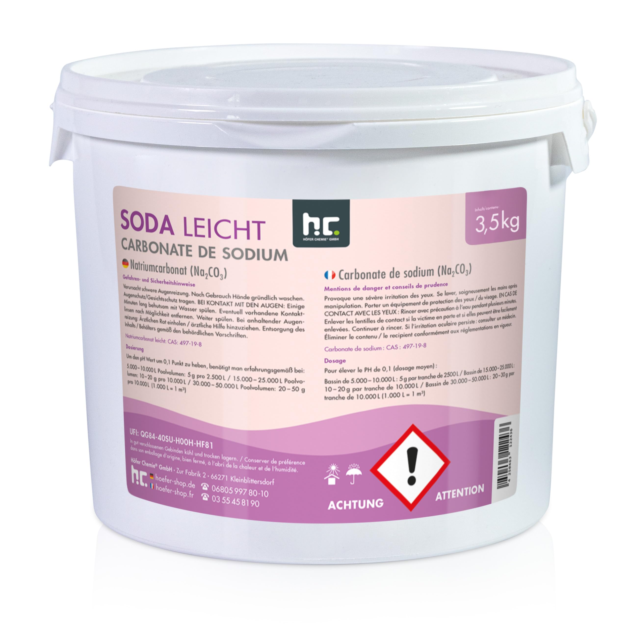 Carbonate de Sodium (soude) 1 x 3,5 kg - qualité Technique légère - Poudre cristalline Blanche - pH Plus pour Piscine - Facilement Soluble pour corriger Le pH de l’Eau