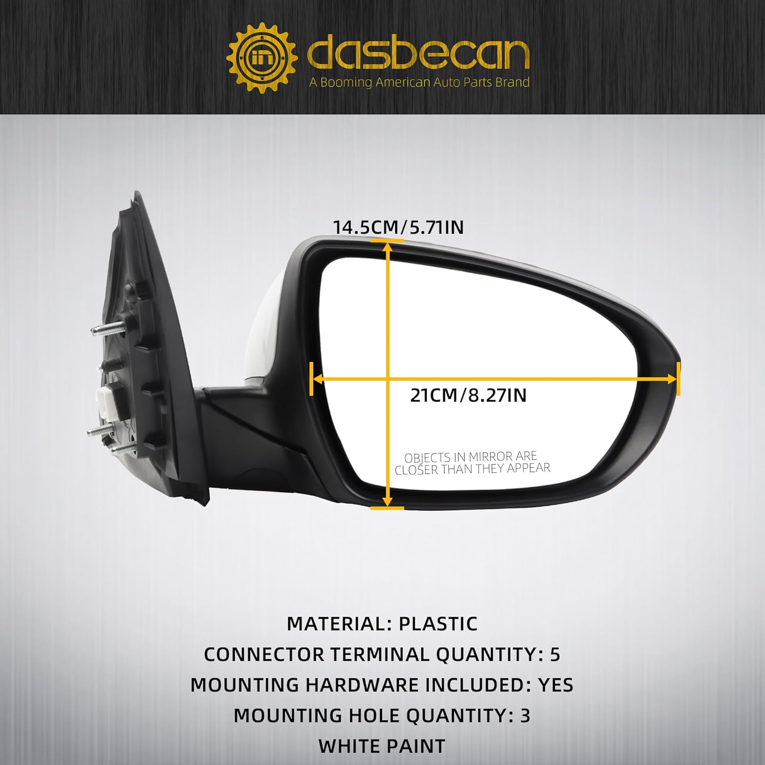 Dasbecan 5pins Passenger Right Side Mirror Compatible with 2011 2012 2013 Kia Optima Door Mirror with Turn Signal, Manual Folding, Power Glass Replace# KI1321152 87620-2T110 White Cover