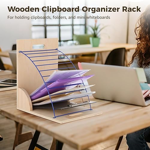 Miniatura 5 de Organizador de portapapeles de oficina y aula, estante de almacenamiento de madera y metal resistente con 12 ranuras, fácil montaje