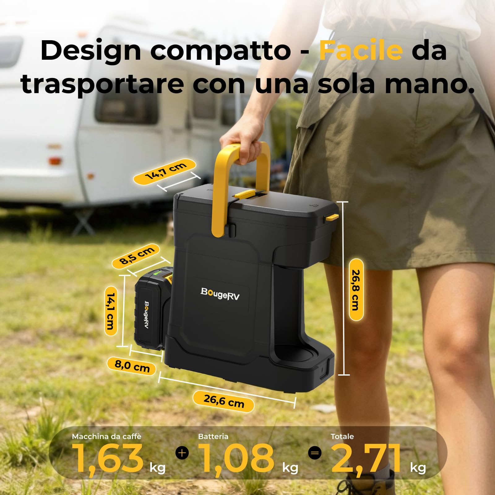 BougeRV Macchina da Caffè a Batteria 144Wh (8Ah), da Campeggio | AC 230V, 6 Tazze da 240ml, Caffettiera Portatile per Caffè Macinato e Cialde, Coffee Maker per Cantiere, Camion e Camper