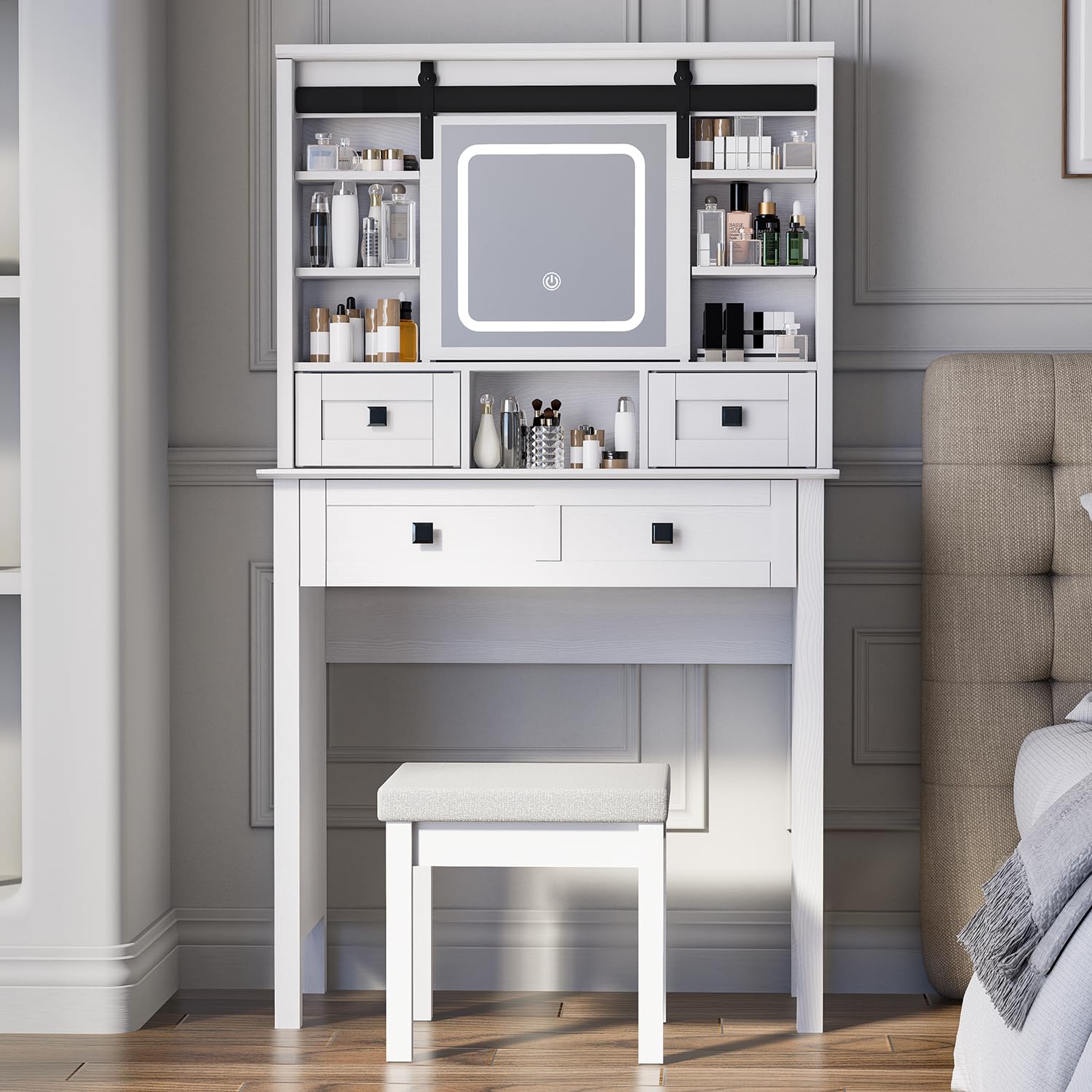 Farmhouse Makeup Vanity Desk with Sliding Mirror, 31.5" Wide Vanity Set with Stool & Charging Station & 3 Brightness Lights, Ample Storage, Dressing Table for Women Girls Bedroom, White