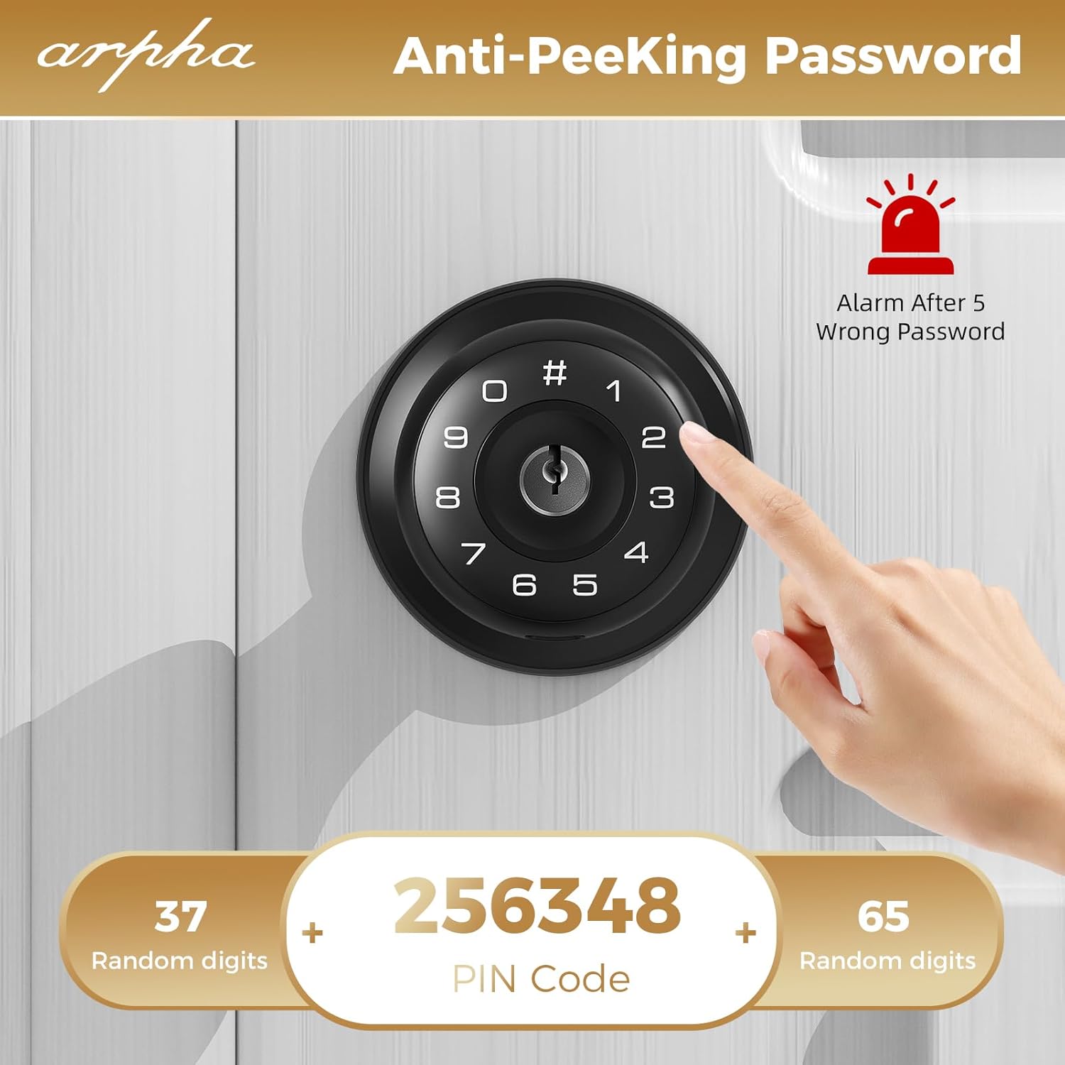 ARPHA D160 Keypad Door Knob demonstrating the anti-peeping password feature, where random digits can be entered before or after the actual PIN.