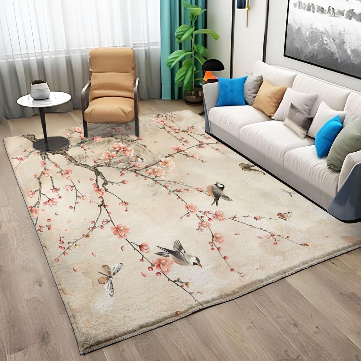 Generic Tapis Rectangulaire Poil Court 80x150 cm Multicolore Moderne Floral et Oiseaux Résistant aux Taches et Lavable en Machine pour Chambre, Salle à Manger, Bureau à Domicile, Cuisine, Salle
