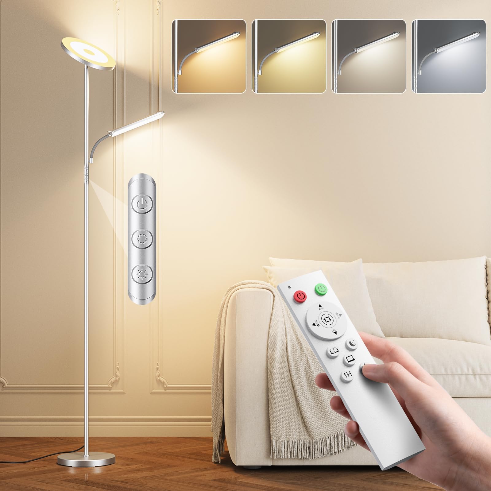 Lampa podłogowa LED z możliwością ściemniania, 42 W/4000 lm, lampa stojąca, salon z czytnikiem, lampa z 2700-6500 K. Bezstopniowa ściemnialność, pilot zdalnego sterowania i sterowanie dotykowe