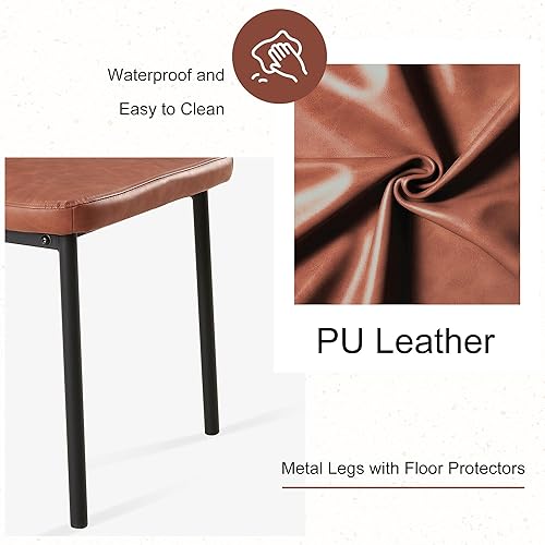 Miniatura 6 de Juego de 4 sillas de comedor de piel sintética marrón, cómodas sillas de cocina tapizadas sin brazos con patas de metal negro para sala de estar,