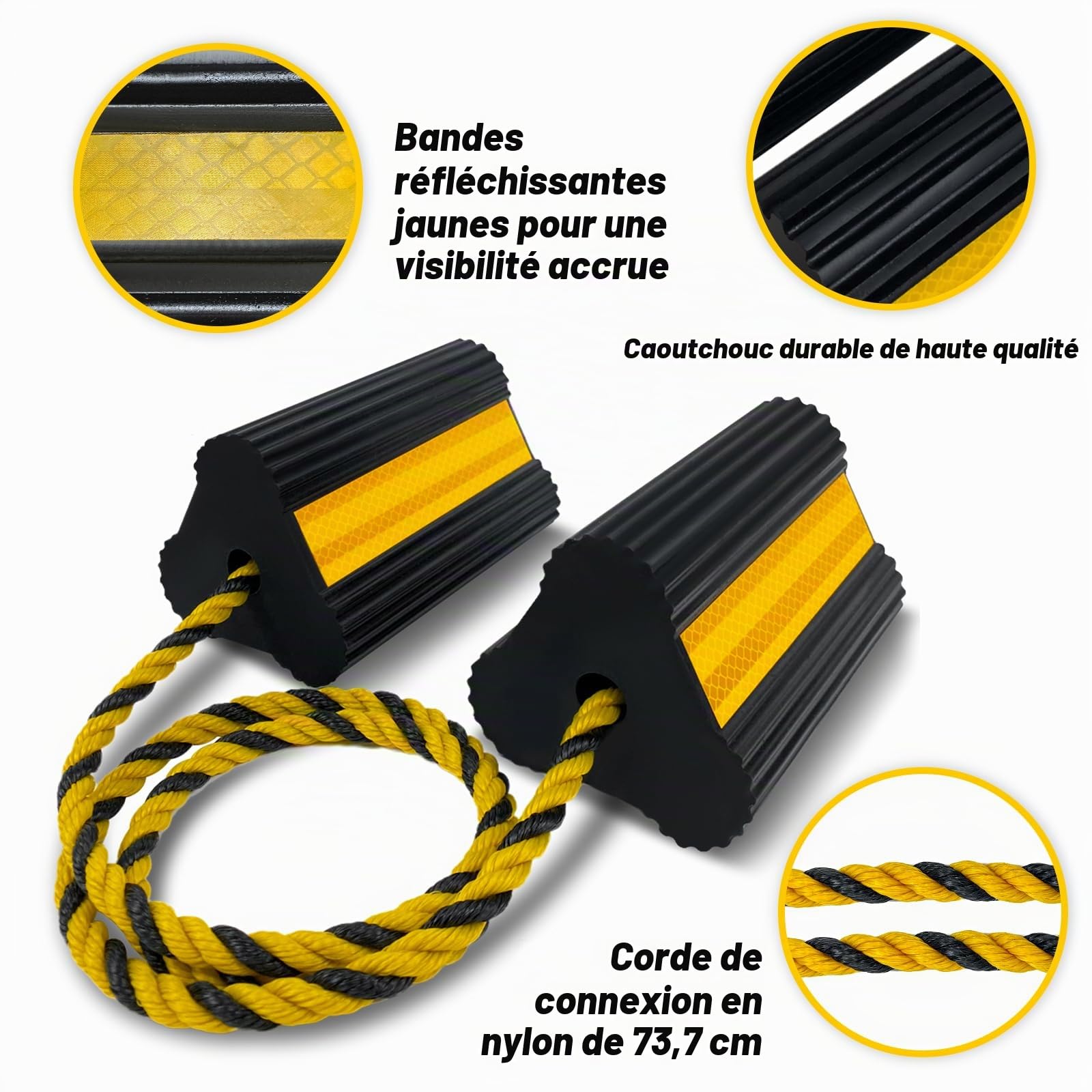 HOXWELL Cales de Roue (2 Paires/4 Lots avec Corde) pour Camping-Car, remorque, Camion, Voiture, Avion, Bloc de Cales de Roue Polyvalent en Caoutchouc Robuste avec 3 Bandes réfléchissantes,