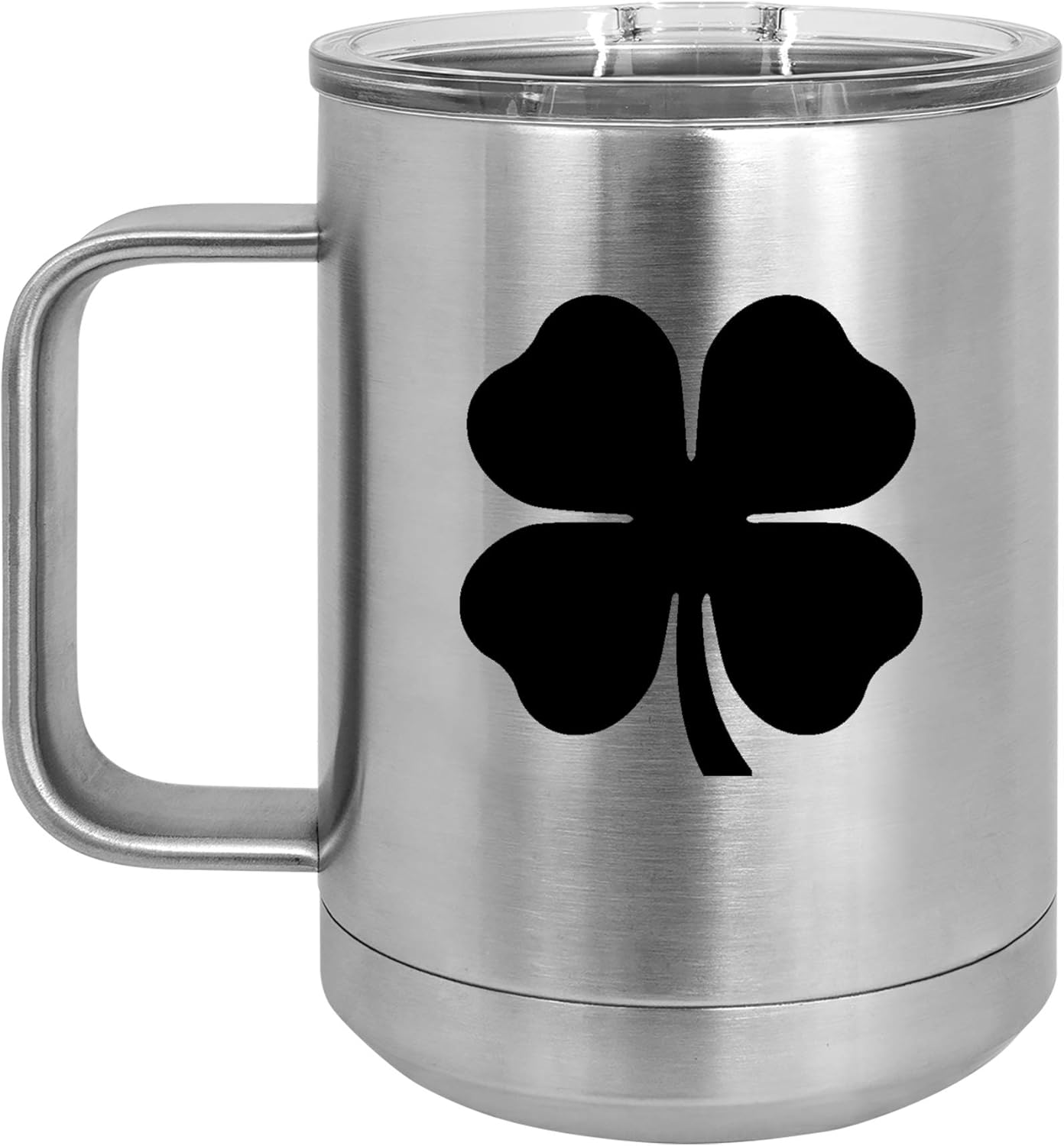15 oz Tumbler Coffee Mug Travel Cup With Handle & Lid Vacuum Insulated Stainless Steel 4 Leaf Clover Shamrock (Black)