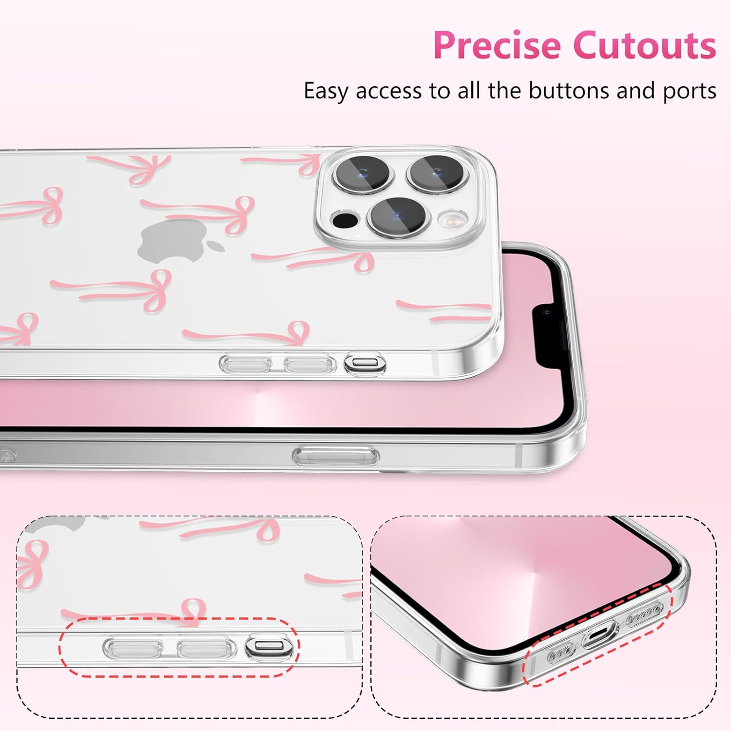 ZTOFERA for iPhone 14 Pro Max Case Clear,Cute Love Heart Ribbon Bow Tie Aesthetic Phone Case,Transparent Trendy Slim Soft Shockproof Protective Phone Cover for Women Girls,Pastel Pink - Image 3