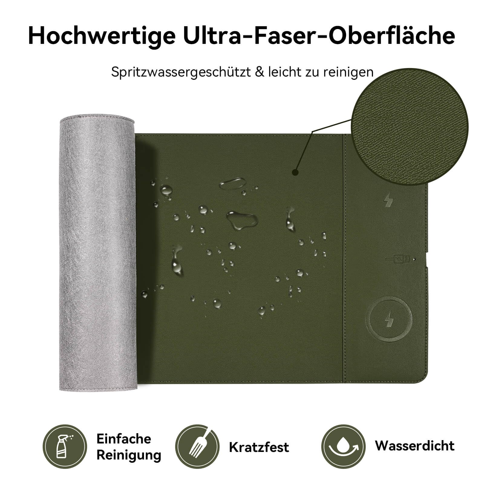 Tappetino per mouse di ricarica wireless con funzione di ricarica rapida da 15 W, magnetico, dimensioni 60 x 40 cm (23,4" x 15,6") con superficie ultra liscia, colore: grigio verde per MacBook, PC e